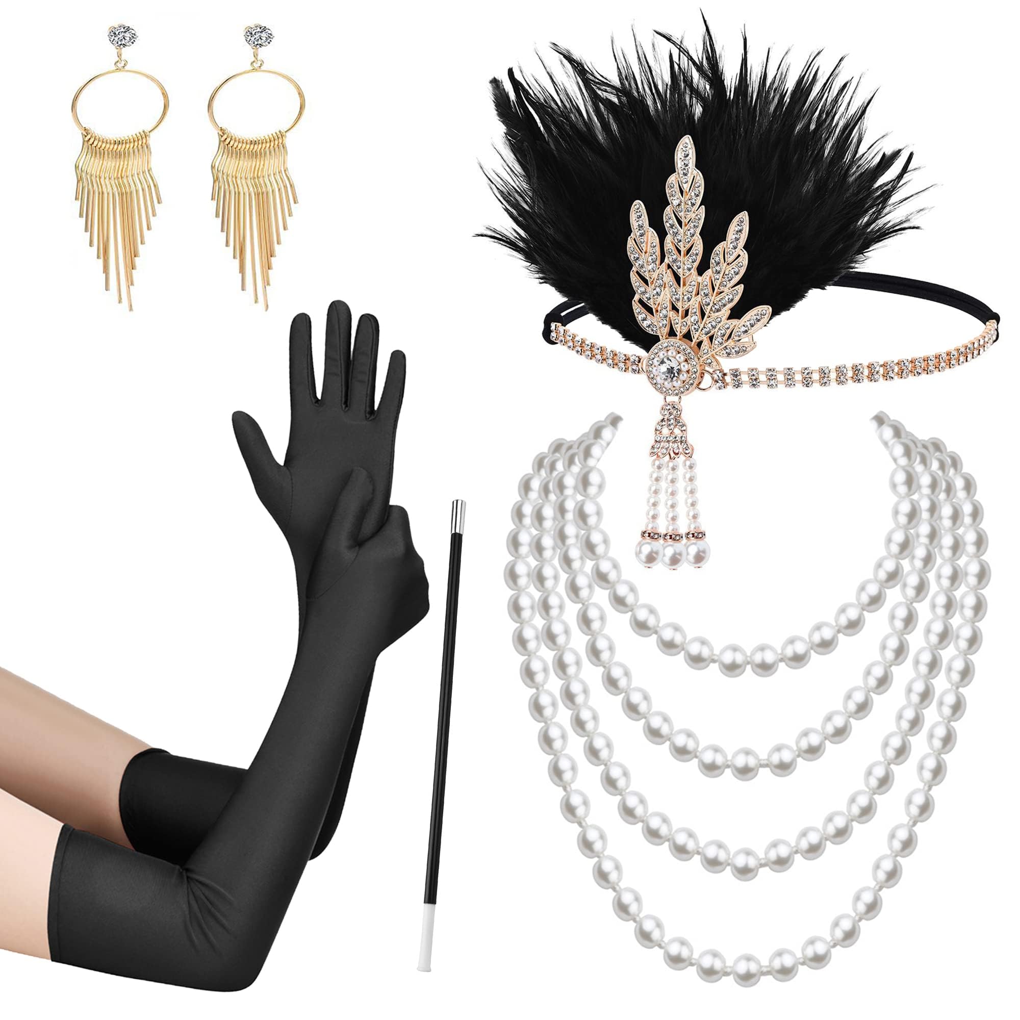 IZUS1920s Party Flapper Accessories Set for Ladies Vintage Great Gatsby Headpiece Roaring 20's Flapper Girls Costume
