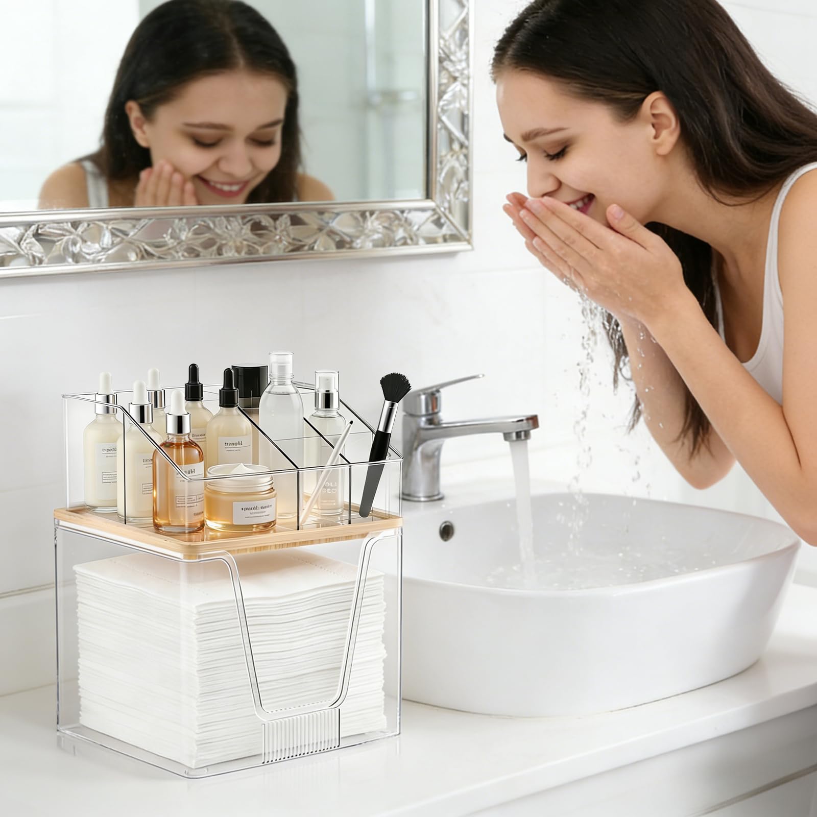 2 in 1 Disposable Facial Towel Holder and Cosmetic Organizer, Clear Storage with Bamboo Lid Compatible with Clean Skin Club Towel XL, Stackable Vanity Organizer for Bathroom Vanity Counter, 2 Tier - 4