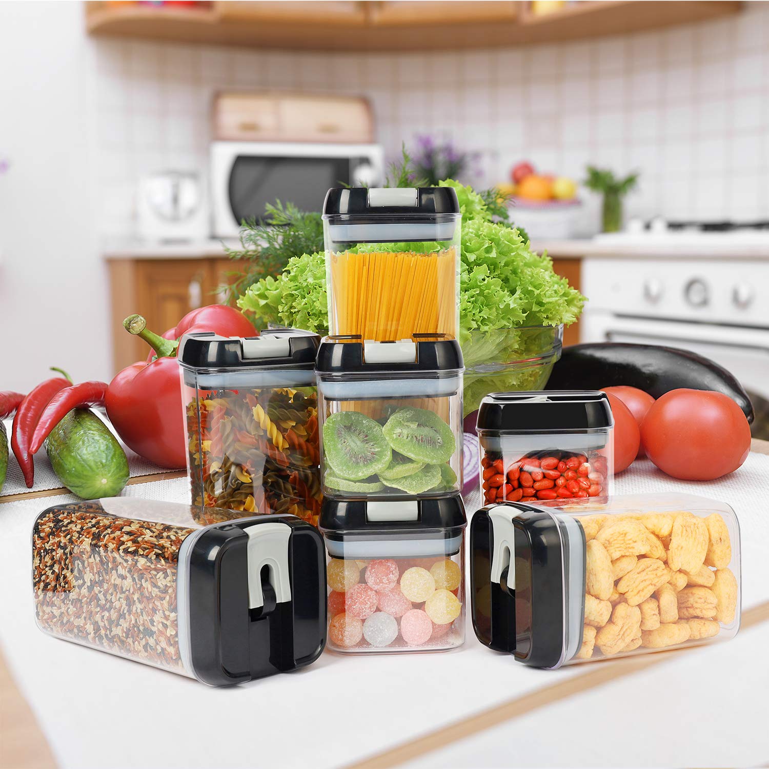 Juego de 7 recipientes herméticos para almacenar alimentos, sin BPA, de plástico, con tapa de bloqueo fácil, organizador para la despensa