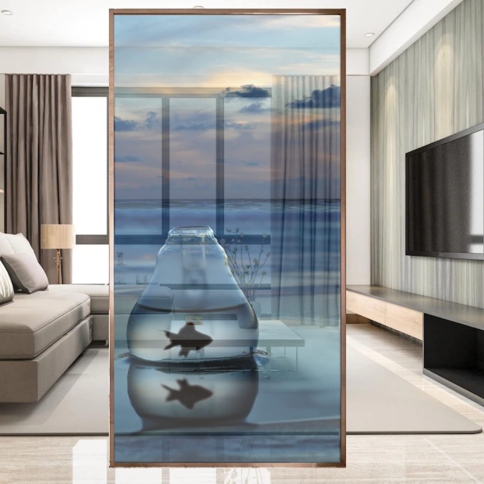 Fensterfolie Sonnenuntergang-Aquarium-Goldfisch Sichtschutzfolie 3D Sichtschutz Folie Ohne Klebstoff Milchglasfolie Anti UV Dekorfolie für Zuhause und Büro, Bad Wohnzimmer 90x200 cm