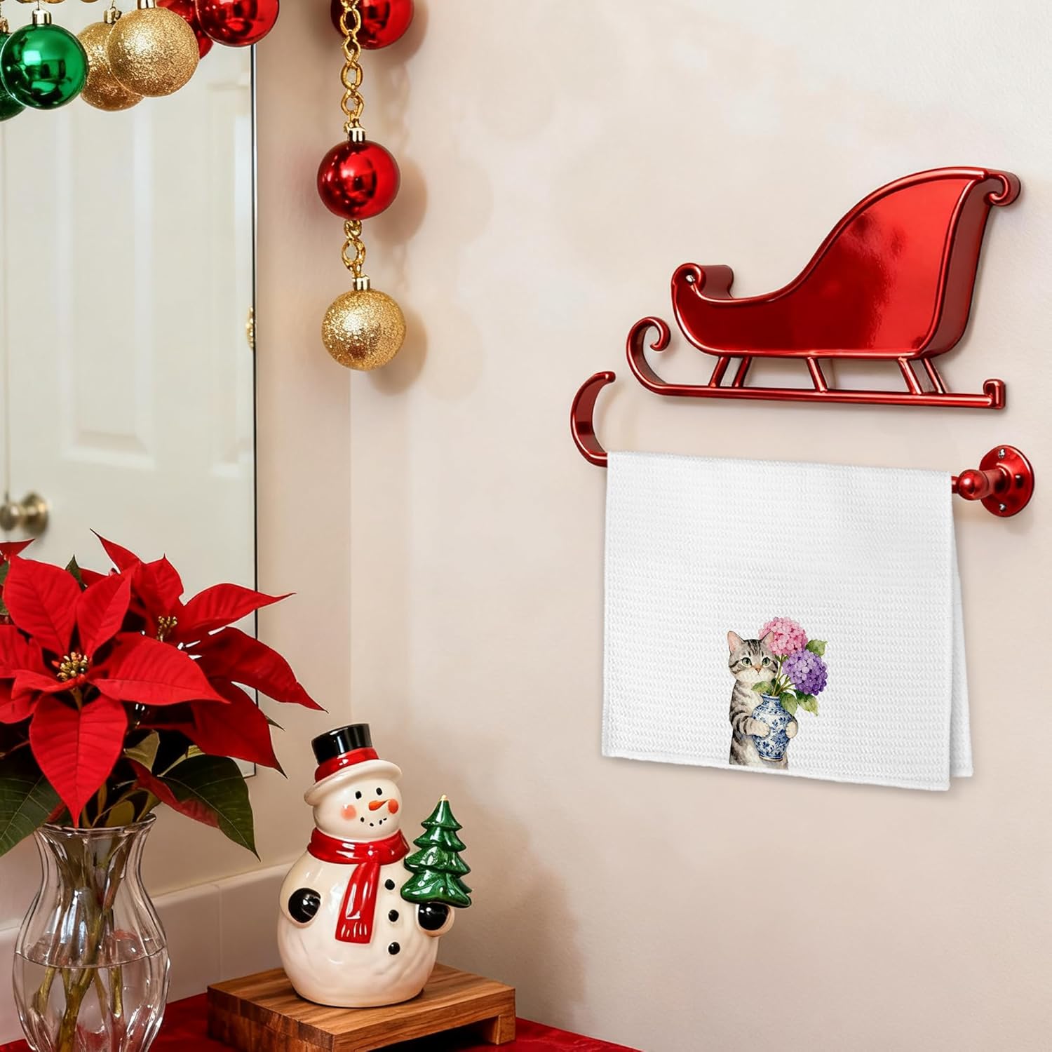 Hydrangea Tabby Cat Kitchen Towels, Cat Mom Lady Lovers Gifts Dish Tea Towels, Chinoiserie Porcelain Floral Kitten Kitty Decorative Hand Towel for Bathroom, 16x24 Inches - Image 5