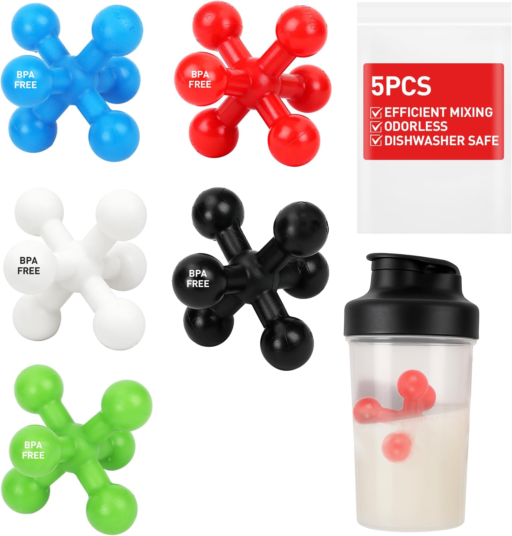 Hydro2Go Shaker Ball 5-Pack, BPA-Free Food Grade Plastic Replacement Mixing Balls for Protein Shaker Bottle, Easy-Clean 2.2″ Universal Fit for Most Protein Shakes, Smoothies & Formula Bottles