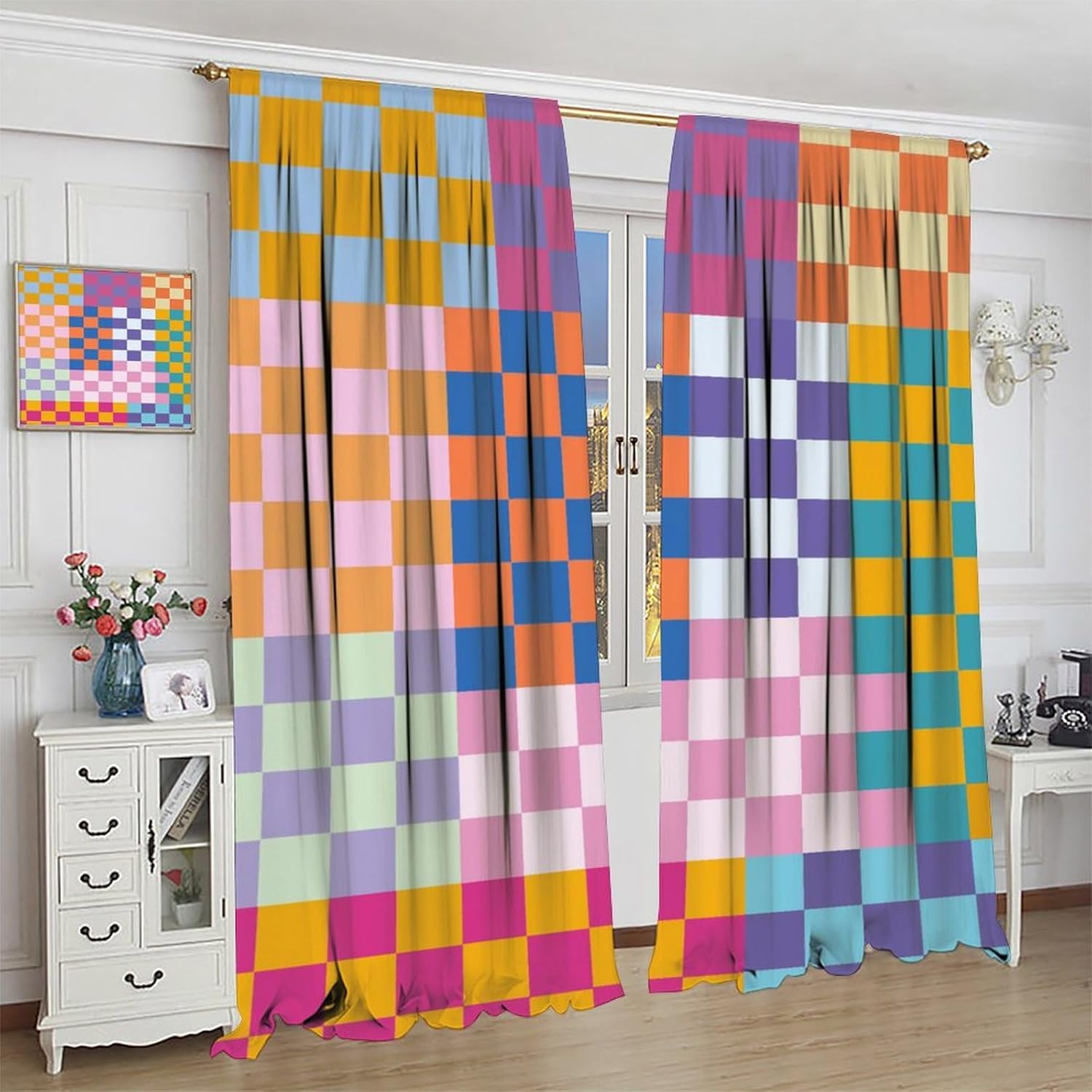 Colorful Plaid Curtains, Abstract Modern Rainbow Retro Groovy Curtain 1970s Checkered Geometric Print Window Drapes for Kids Bedroom Living Room, 42x54 Inch (No Blackout)