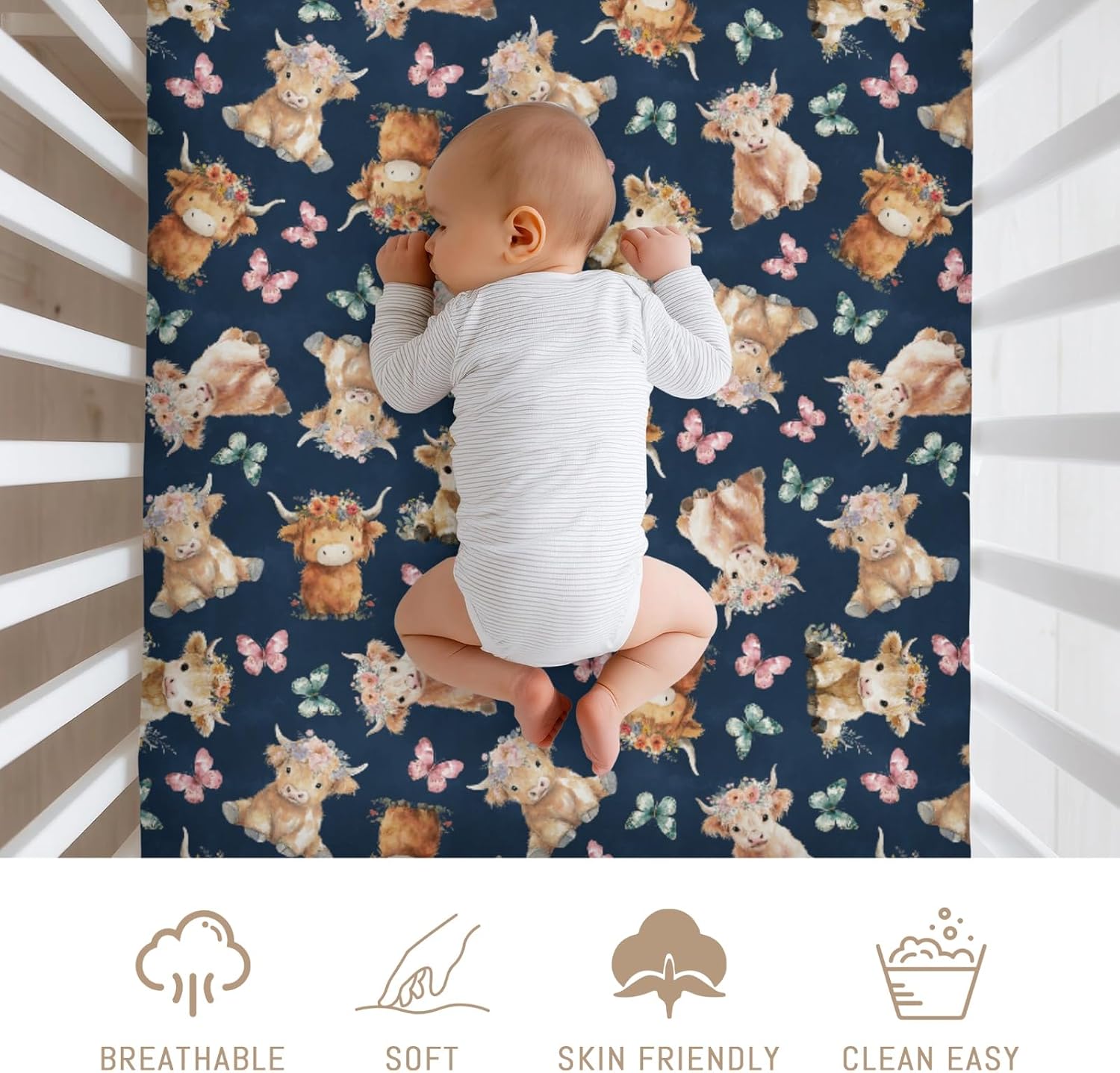Baby Highland Cow Floral Crib Sheets for Boy Girl Boho Cows Flowers Butterflies Soft Snug Fitted Crib Mattress Covers for 52''x28'' Standard Crib & Toddler Mattress Western Farm Animal Bed Sheets