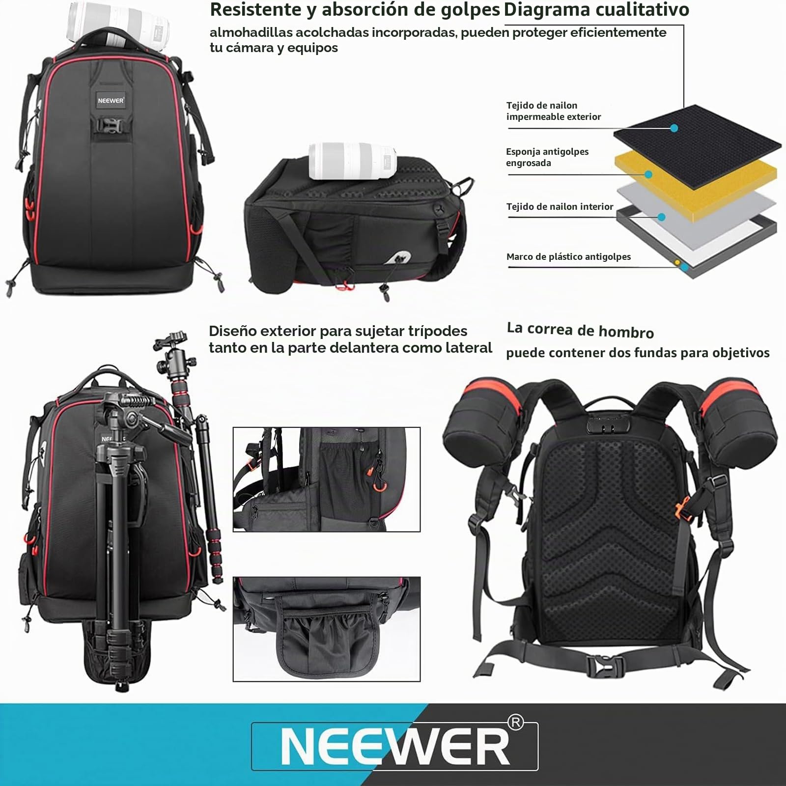 Neewer Pro Mochila de Cámara Impermeable a Prueba de Golpes Ajustable Acolchado Bolsa con Bloqueo de Combinación Antirrobo
