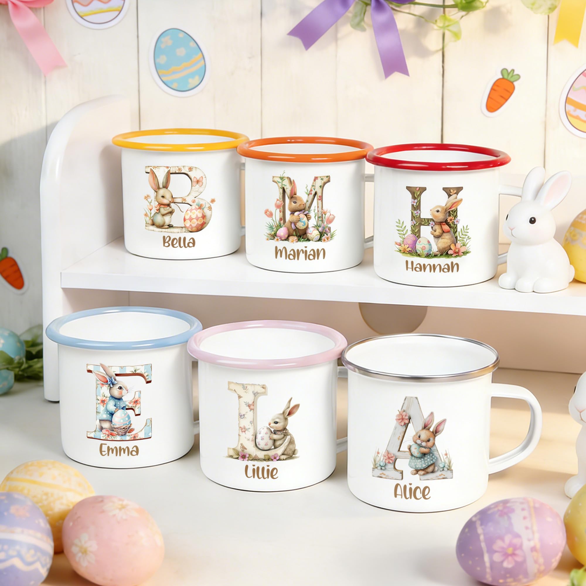 CALLIE Personalised Cute Rabbit Easter Mug for Kids, 12 oz Custom Colored Bunny Enamel Coffee Mug Cup with Name and Initial, Easter Basket Stuffers Party Birthday Gift for Family Friend