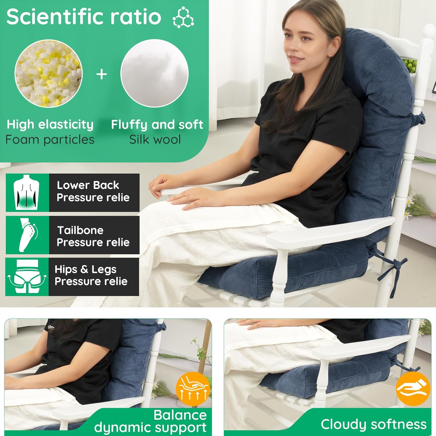 Rocking Chair Cushion 4 Inch Extra Thick, Pain Relief & Non-Slip Glider Rocker Replacement Cushion with Tie, Tufted Chair Pads for Adults, Elderly, 19x28/19x16, Blue