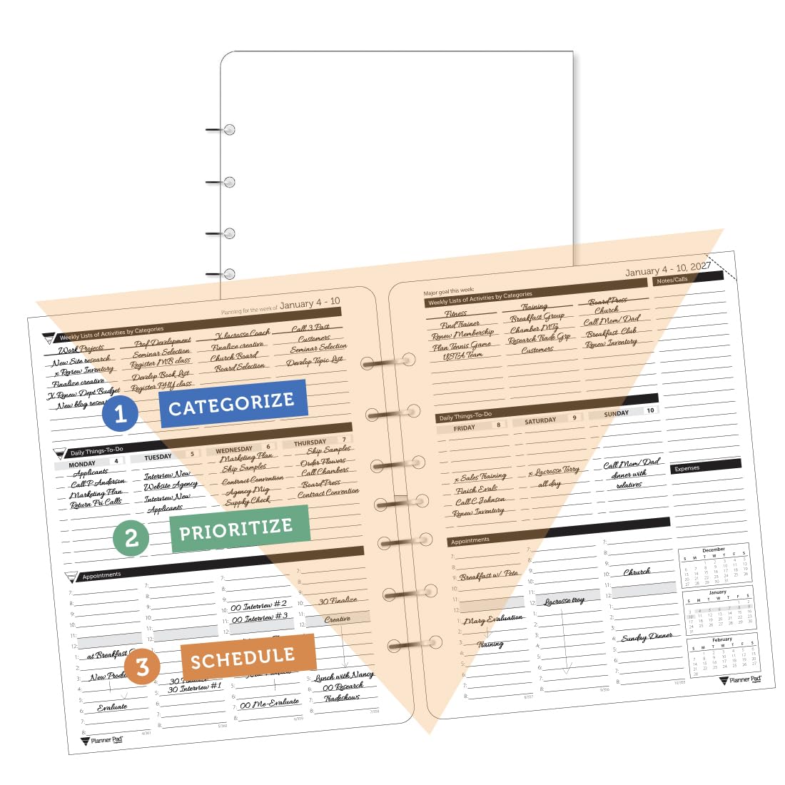 Planner Pad Agenda a 7 fori da gennaio-dicembre 2027, calendario annuale 6 3/4" x 8 1/2" medio a 3 livelli imbuto giù 12 mesi/settimanale, inchiostro nero