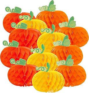 Sucrain 12 Pieces Tissue Paper Pumpkin 3D Honeycomb Pumpkins for Halloween Thanksgiving Party Favor Fall Festival Supplies ï¼ˆOrange, Red, Yellowï¼‰