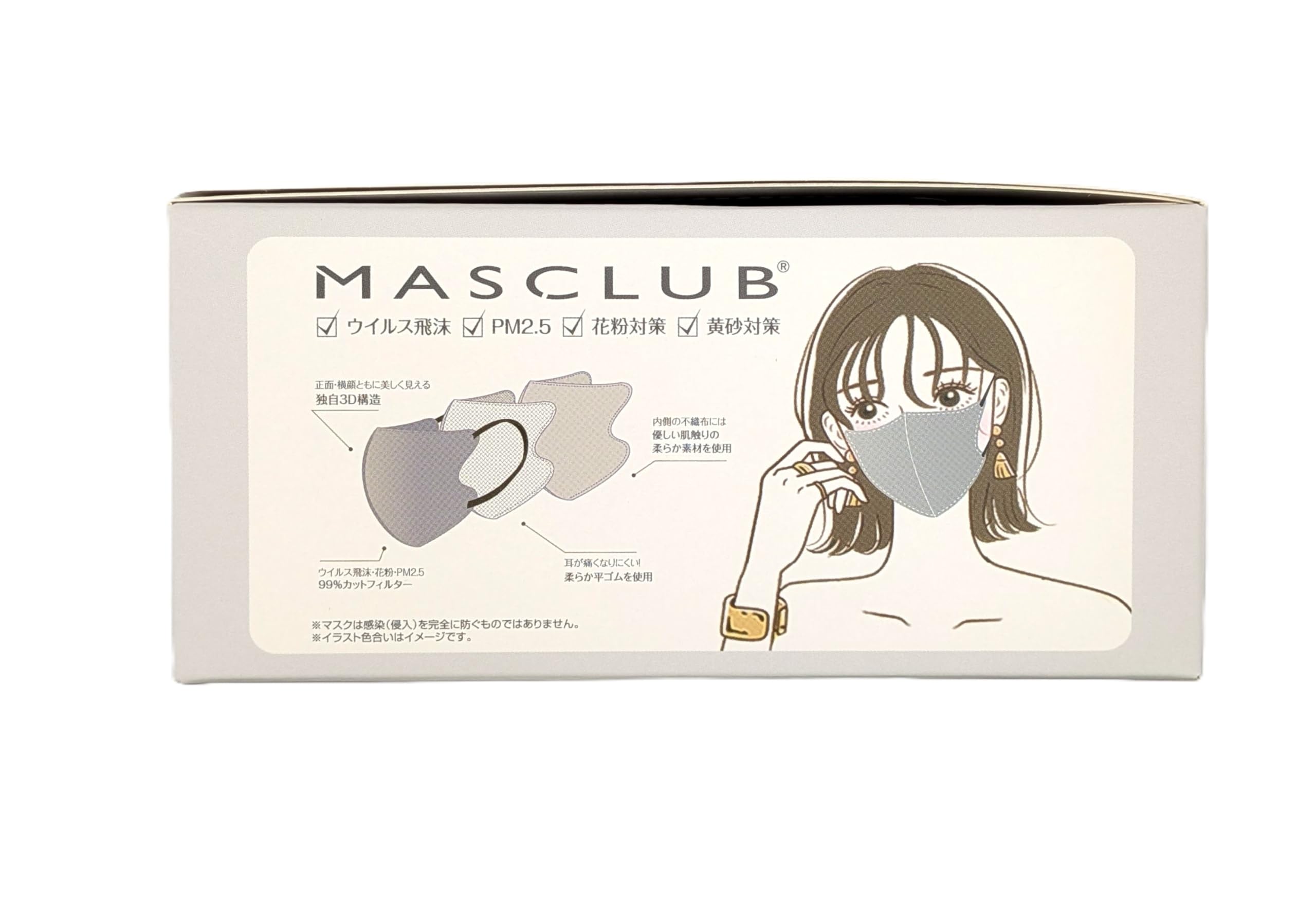 [レザーシティジャパン] 【30枚×1箱】MASCLUB 3D立体バイカラーマスク 3層構造 箱入り (アイスグレー×紐ブラック)