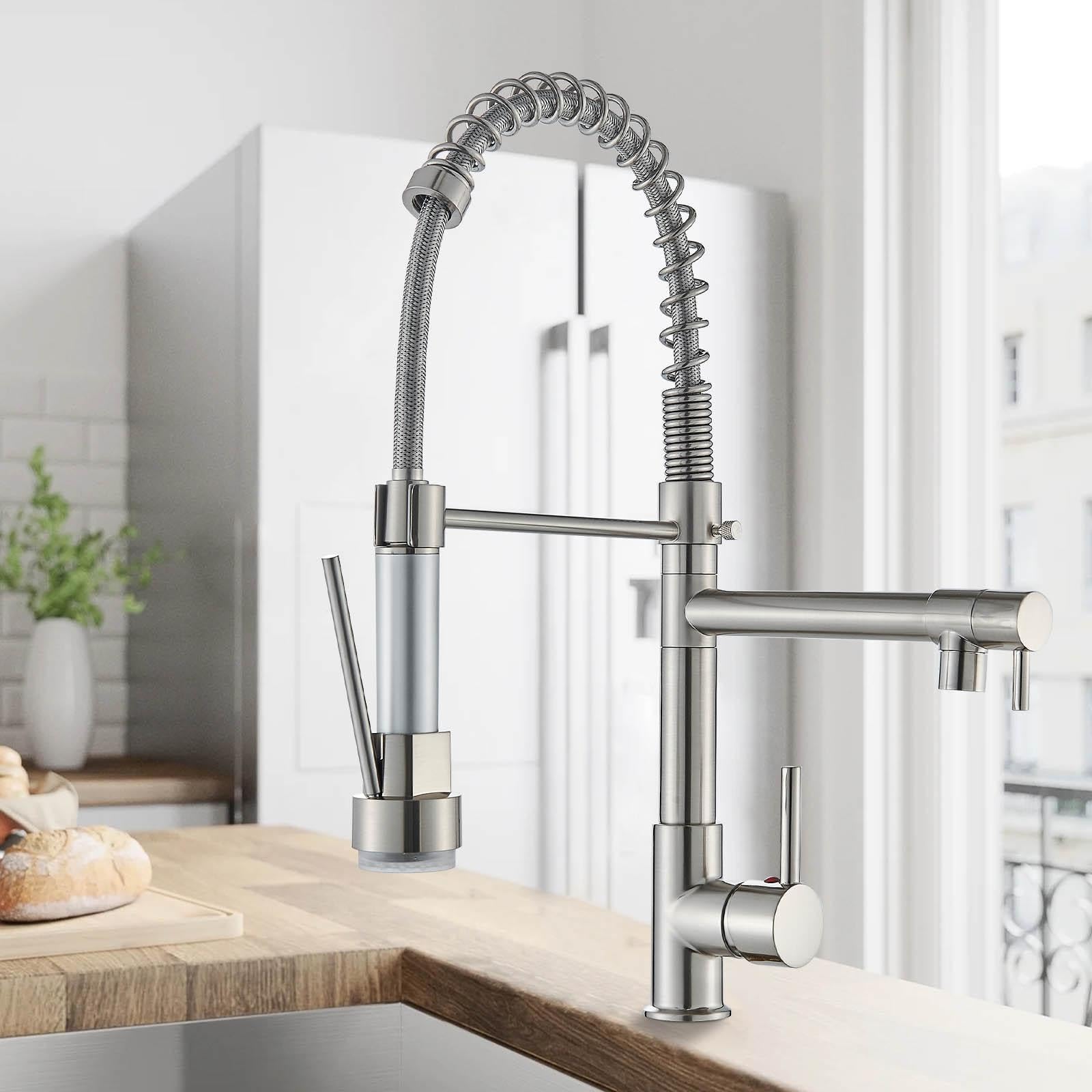 Suguword Dual Spout Kitchen Tap, Two Spouts Mixer Tap with Pull Out Sprayer & 360ยฐ Swivel, High Arc All-Metal Kitchen Sink Tap for Easy DIY Installation (Brushed Nickel)