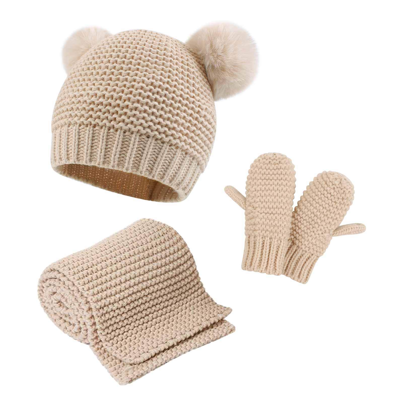 Duoyeree Baby Winter Hat Scarf Glove Beanie Set Girls Boys Pom Pom Knitted Beanie Mitten Scarves for Toddler 0-3T