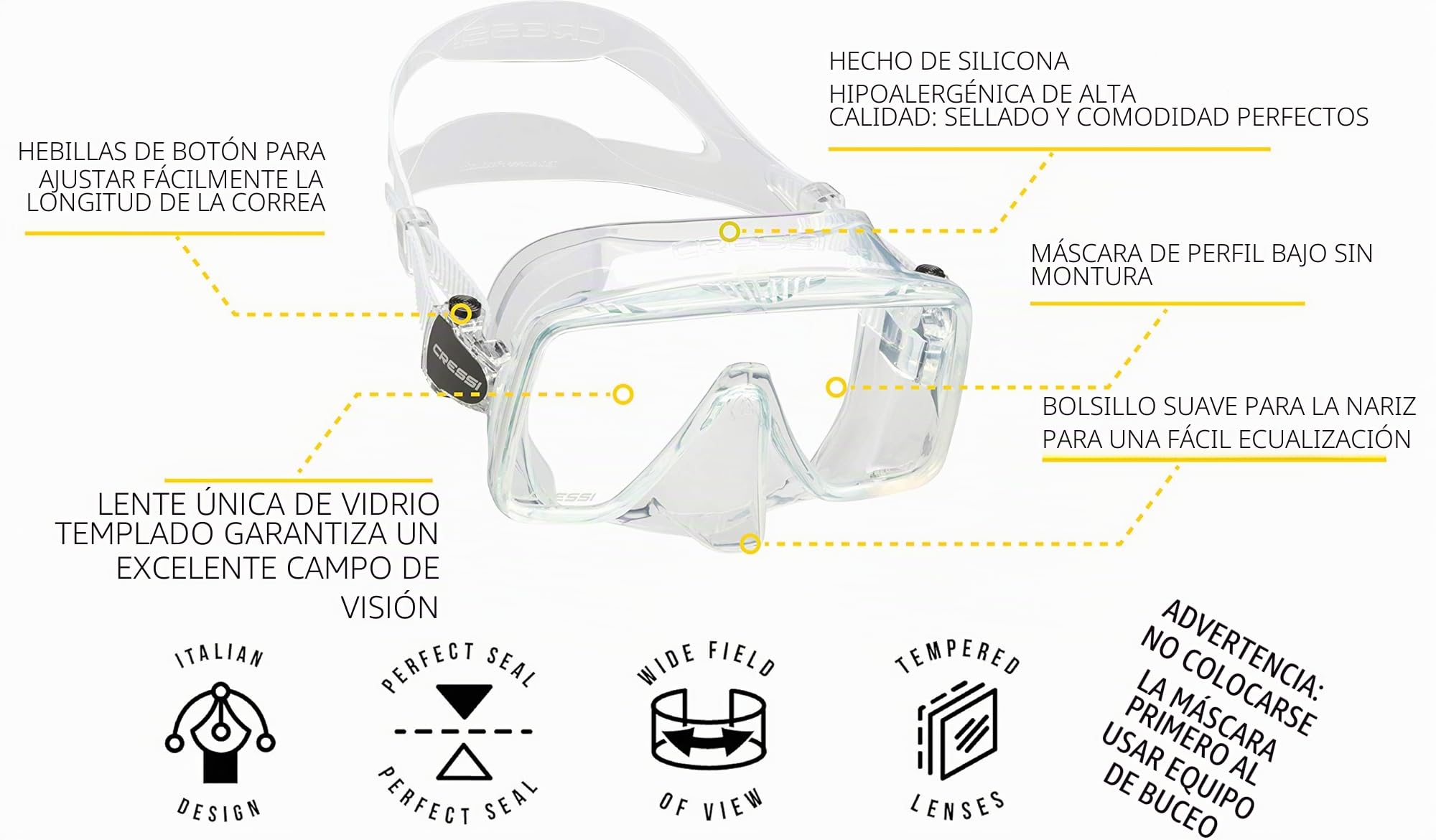 CRESSI Desde 1946 - SF1 Mask - Máscara Cuadrada sin Marco con Lente Templada Ideal para Buceo Apnea y Snorkeling, Talla Única Unisex
