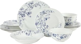 Martha Stewart Plates and Bowls Set, 16 Piece Dinnerware Set for 4, Pink | Classic Floral Collection - Porcelain Dishes, Pasta Bowl, Decorated Dishware, Dishwasher & Microwave Safe