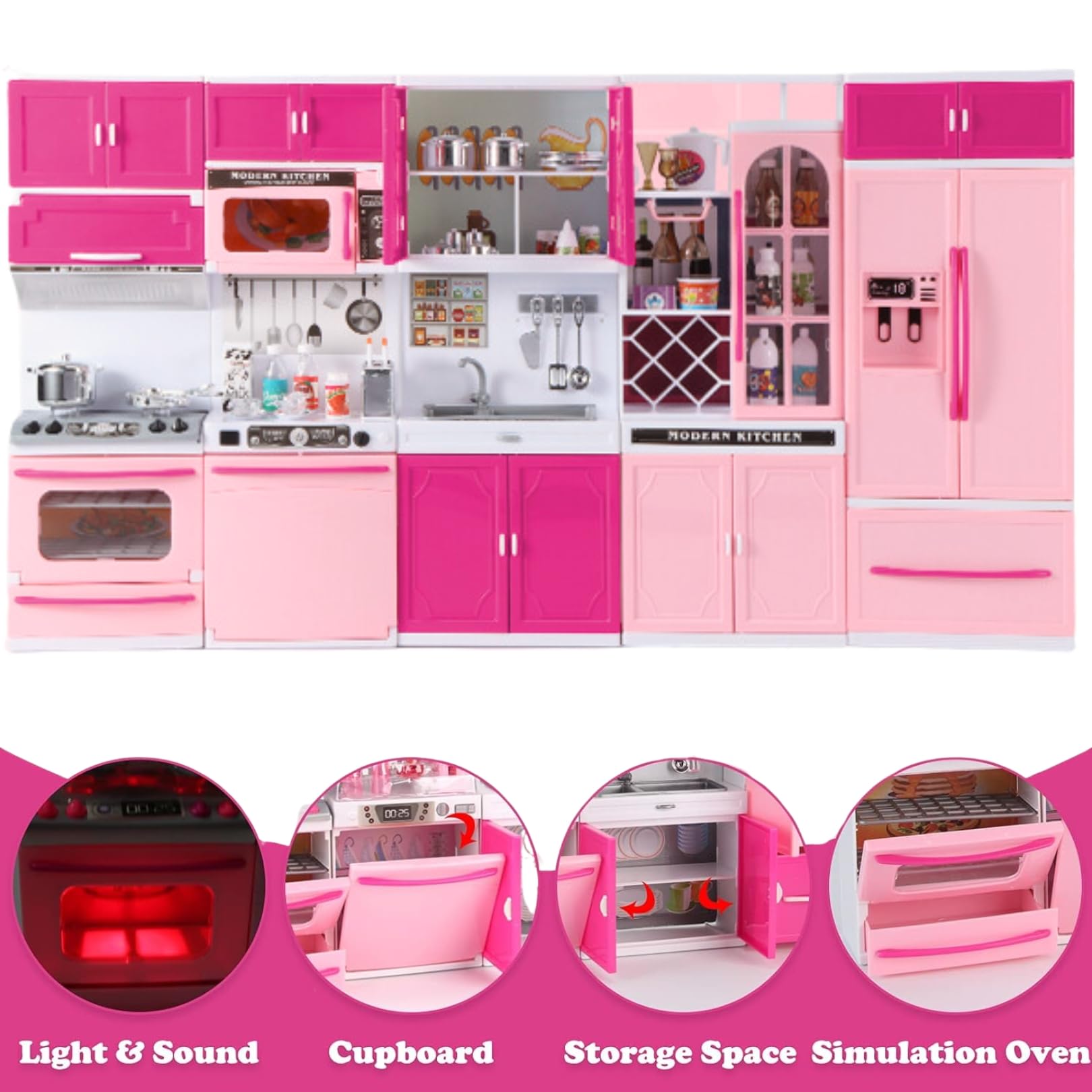 Doll Kitchen Playset for Kids, My Modern Mini Kitchen House Furniture Pretend Play Toy Accessories Set with Realistic Lights & Sounds for Toddlers, Girls (5-in-1 Kitchen Set)