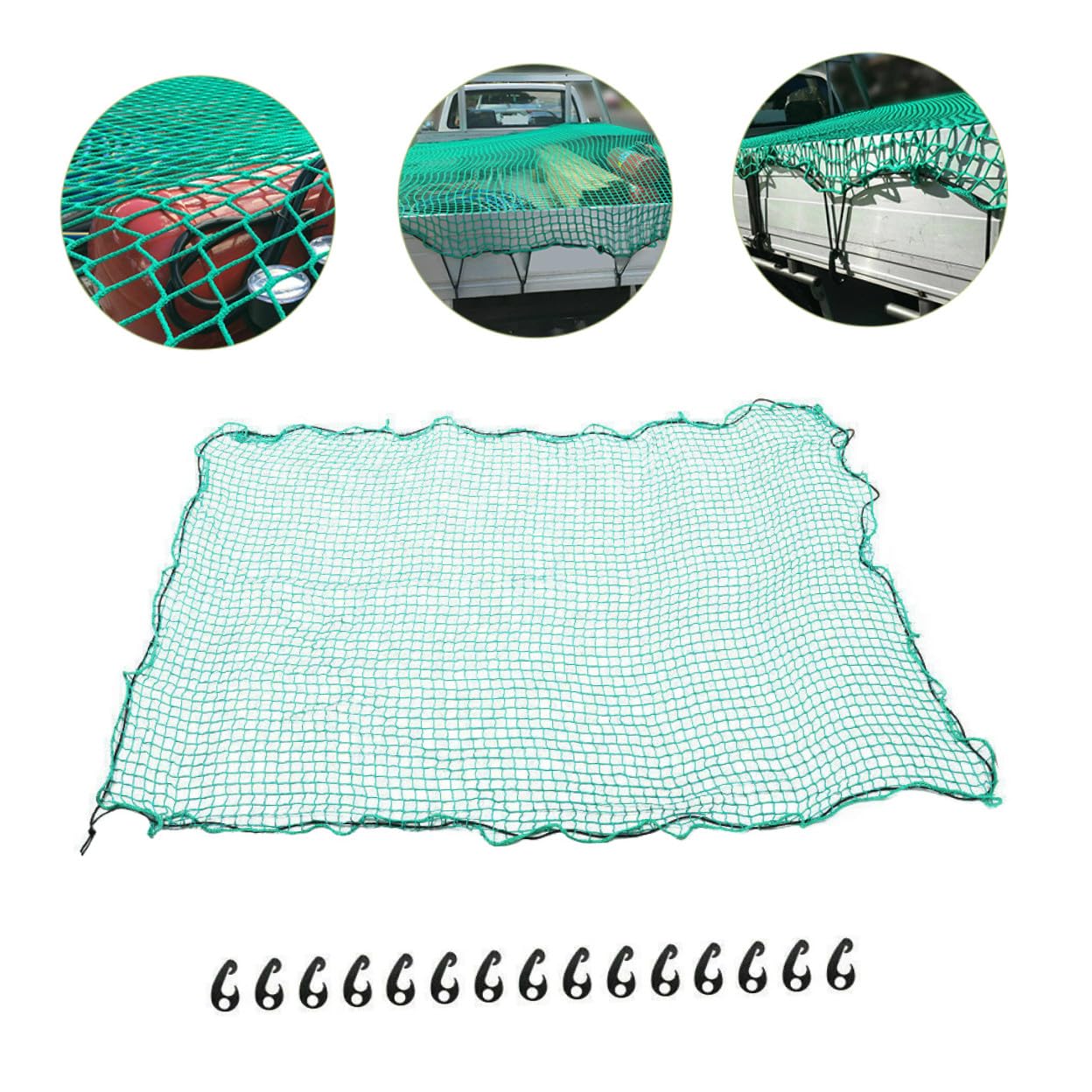 LIFKOME Ladungsnetz und 15 Haken mit Elastischen Gurten aus Reißfestem Nylon zur Sicheren Ladung für Pickup und Anhänger bei Camping und Umzug