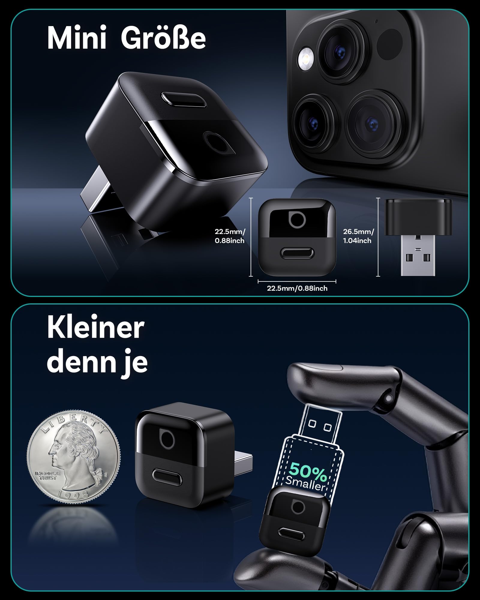 OTTOCAST Mini Pico 2026 CarPlay & Android Auto Wireless Adapter, Smart Button, 5–8s Auto Connect, Plug & Play, USB-A/USB-C, OTA-Update, Wandelt Kabelgebunden in Kabellos um (iOS 10+/Android 11+)