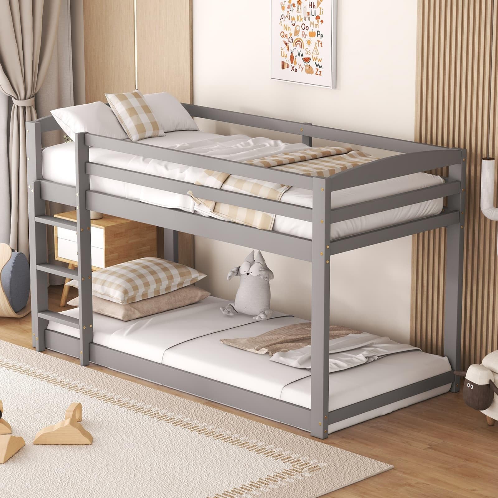 PUGSDRLY Lit Superposé Enfant 90x200cm,Lit Enfant 2 Places avec échelle,Cadre de lit Superposés en Pin Massif (Gris)