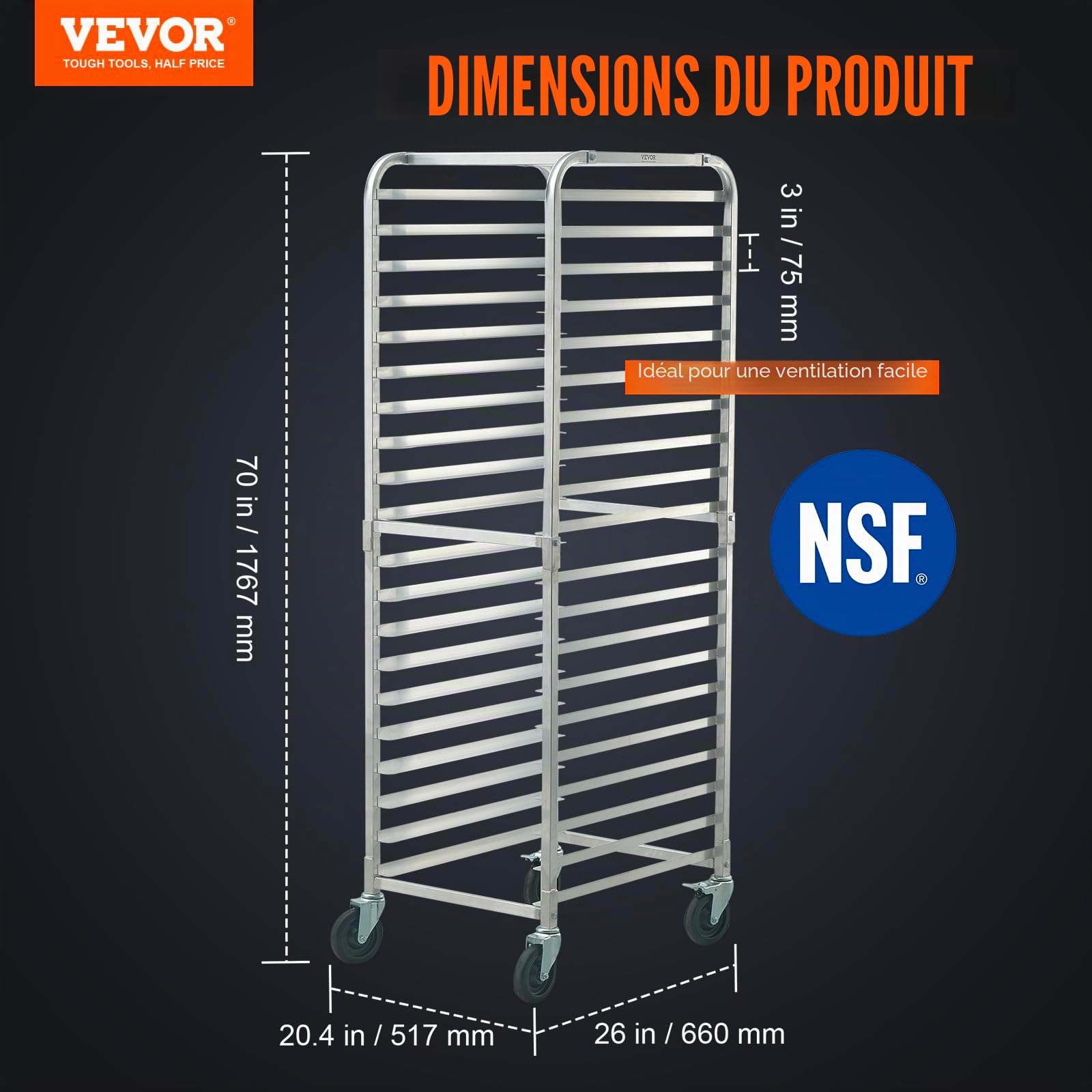 VEVOR Chariot Plaques à Pain 20 Niveaux, Étagère de Boulangerie Commerciale avec Roues de Frein, Chariot de Rangement en Aluminium pour Plateaux Demi-feuilles Complètes, Équipement de Cuisson du Pain