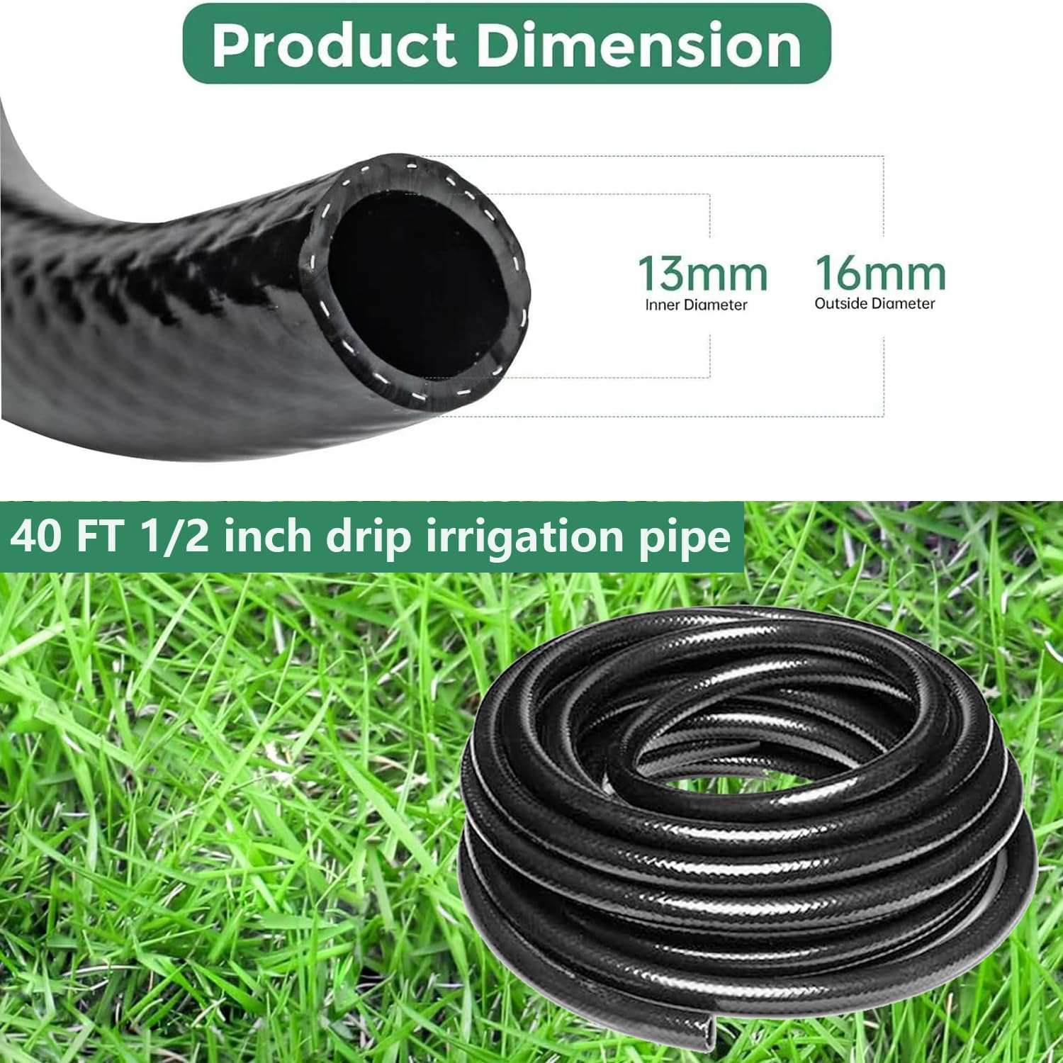 Manguera de goteo de 12 m, sistema de riego de jardín, manguera principal para sistemas de riego de jardín y componentes de riego, conector recto de 1/2 pulgada, tapa de extremo de conector de 3 vías
