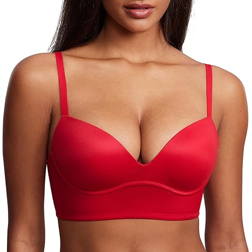 DOBREVA Women's Push Up Wireless Bra Padded T Shirt Bras No Underwire Plunge Bralette