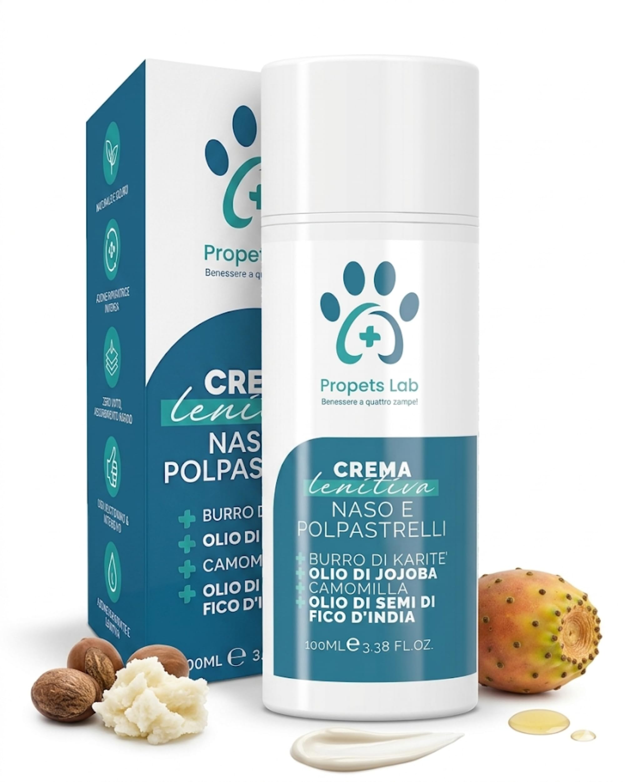 Propets Lab Crema Polpastrelli Cane 100 Ml, Balsamo Zampe e Naso Cane, Idratante, Protettiva e Lenitiva per Uso Quotidiano con Burro di Karitè e Olio di Fico d'India Ideale in Estate ed Inverno