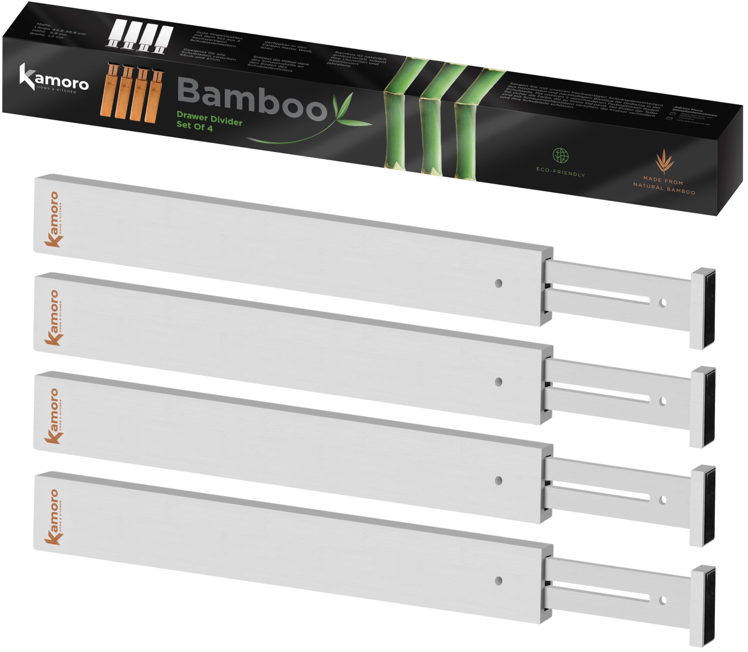 Kamoro separator do szuflad z naturalnego bambusa – z bardzo mocną sprężyną dla pewnego chwytu, końce chroniące meble (zestaw 4 sztuk), regulowany organizer do szuflad w zakresie od 44 do 56 cm, biały