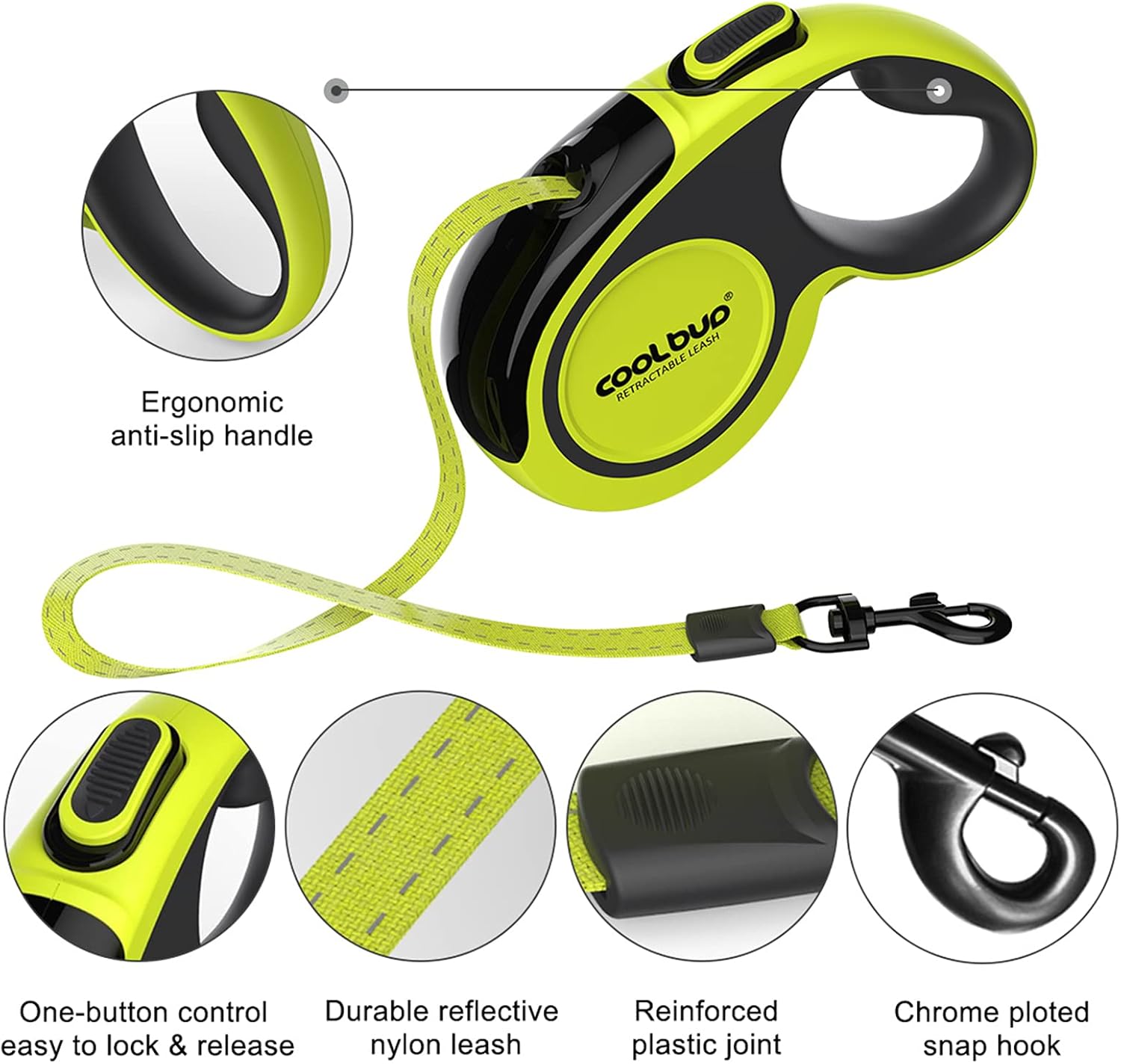 360° Tangle-Free, Heavy Duty Retractable Dog Leash with Anti-Slip Handle; 16 ft Reflective Strong Nylon Tape; for Large Dog or Cat up to 110 lbs; One-Handed Brake, Pause, Lock (Green, Large)