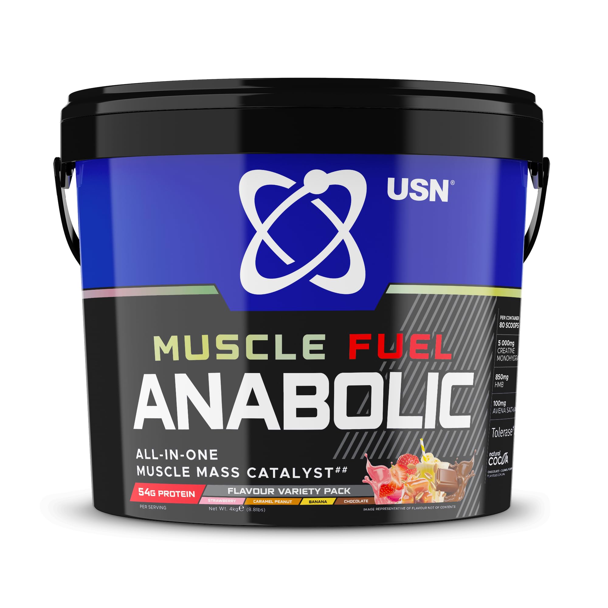 USN Muscle Fuel Anabolic Variety (Chocolate, Strawberry, Banana, Caramel Peanut) All-in-one Protein (4kg): Workout-Boosting, Protein Powder for Muscle Gain - New Formula