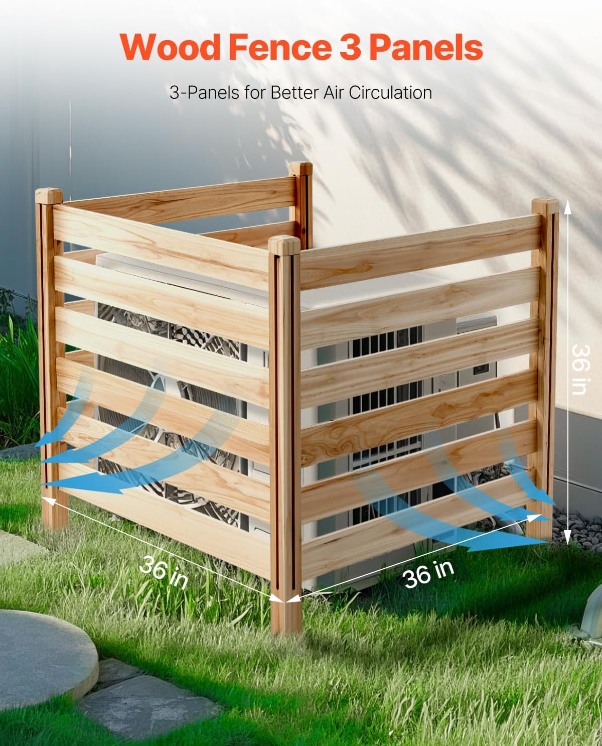 VEVOR Wood Privacy Fence, 36" W x 36" L, 3 Panel Slatted Air Conditioner Fence Screen, Pool Equipment Enclosure with Metal Stakes, Easy DIY Installation, Outdoor Trash Can Hider for Garden Decoration