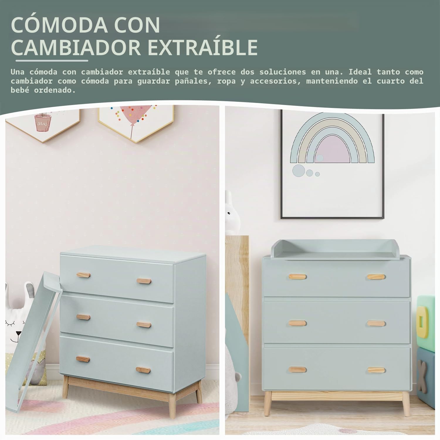 Rebecca Mobili Mueble con Cambiador, Cómoda Cambiador, Verde Agua Marrón, MDF Pino, Compacto, con Cambiador Desmontable - Medidas AxAnxFon: 100 x 80 x 42 cm - Art. RE6985
