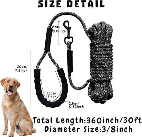 Miniatura 6 de Correa de cuerda larga resistente de 15 pies y 30 pies con mango suave, hilos altamente reflectantes, cable de verificación de entrenamiento de