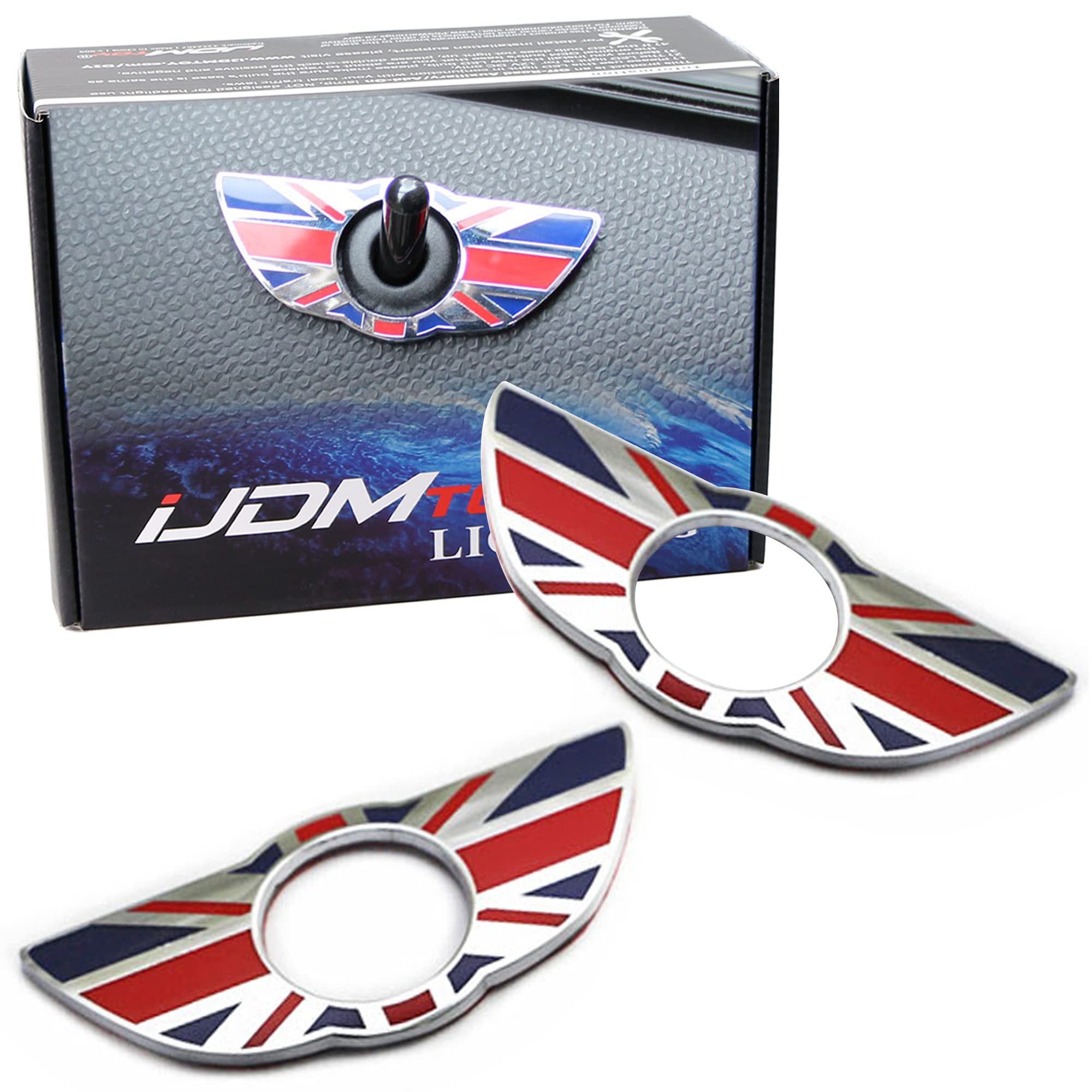 Union Jack Style Wing Emblem Rings Compatible with Mini Cooper R60 Countryman R61 Paceman Door Lock Knobs, Red/Blue UK Flag Design