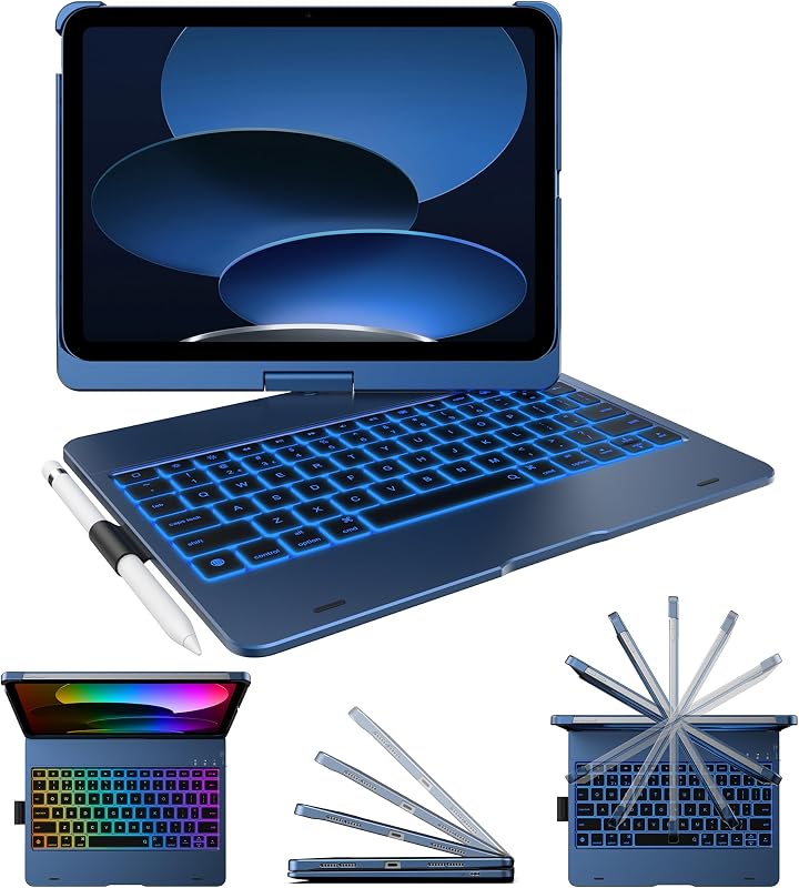 typecase Flexbook Trackpad-Free Keyboard Case for iPad A16 11th/10th Gen | 360° Rotating, 11-Color Backlit Keys, Pencil Holder; Fits iPad A16 11″ (2025) & 10th Gen 10.9″ (2022), Midnight Blue