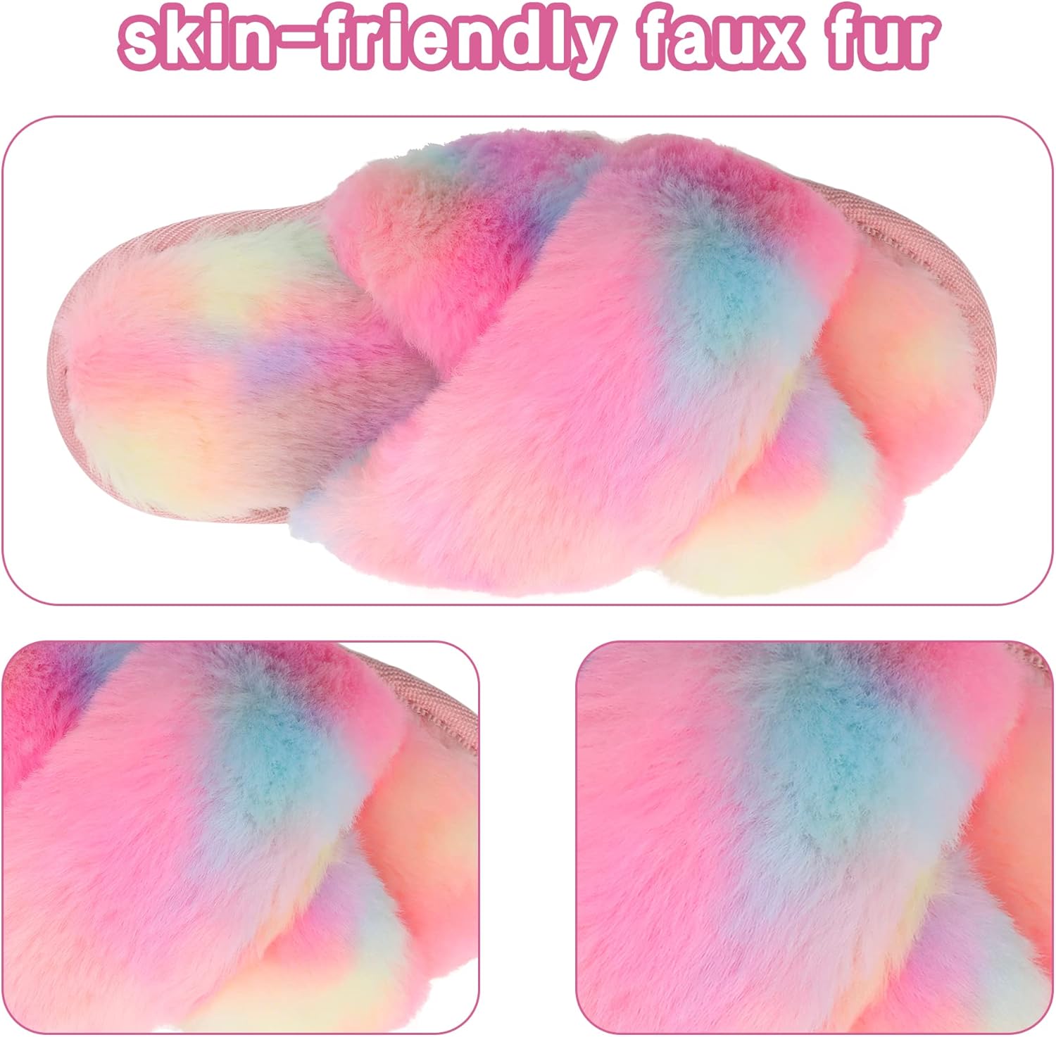 Shoeslocker Girls Cross Band Open Toe Tie Dye Plush House Slippers Nonslip Casual Slippers - Image 3