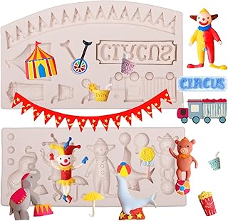 Circus Fondant Silicone Molds 2Pcs, Clown Elephant Chocolate Molds, Theater Unicycle Kitchen Baking Mold for Birthday Cake Decoration Cupcake Topper Candy Dessert Cookie Sugar Craft