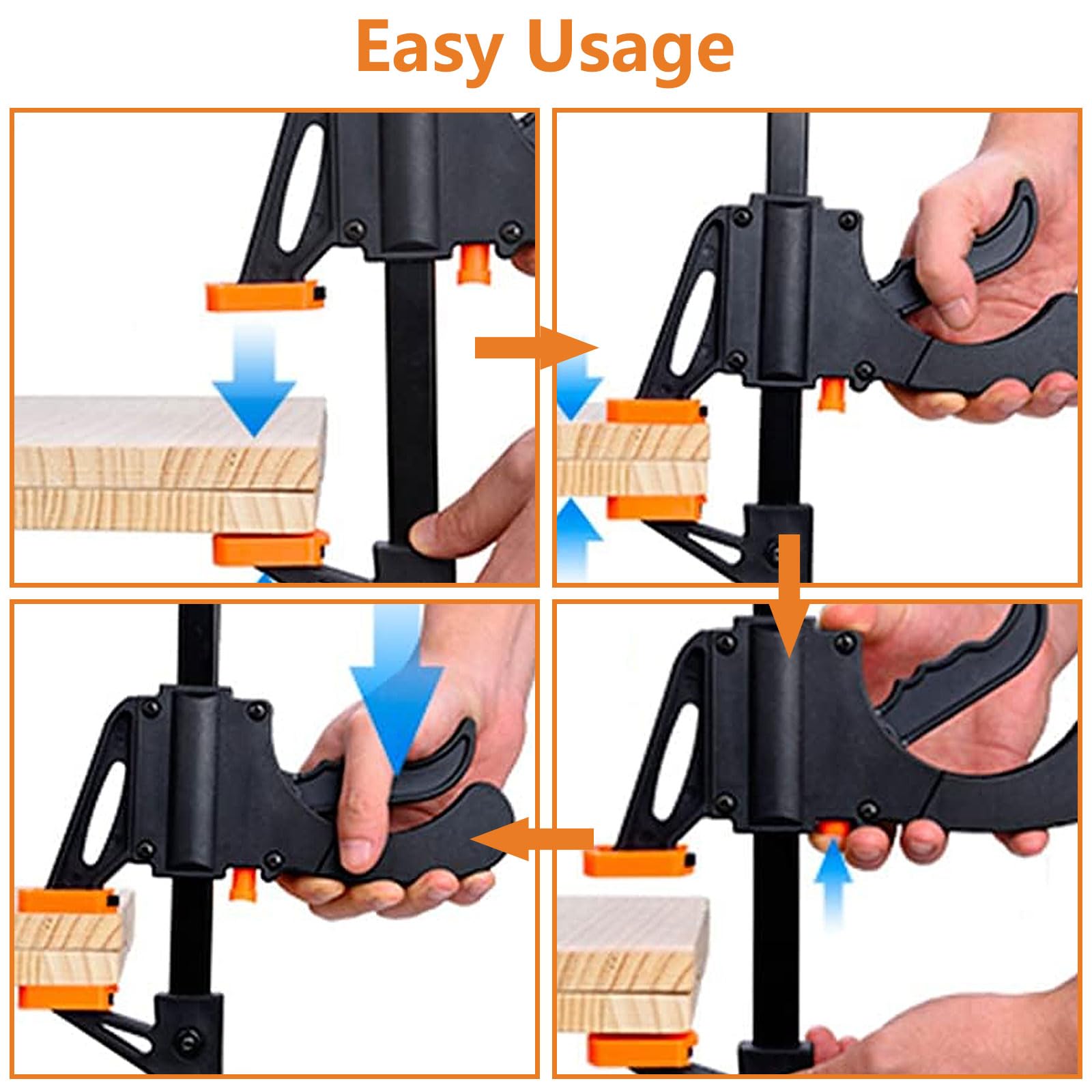 ZOFUN - Juego de 4 abrazaderas de barra de trinquete, abrazaderas de liberación rápida ajustables con una sola mano de 6 pulgadas para carpintería, abrazaderas F de plástico ligero negro y naranja