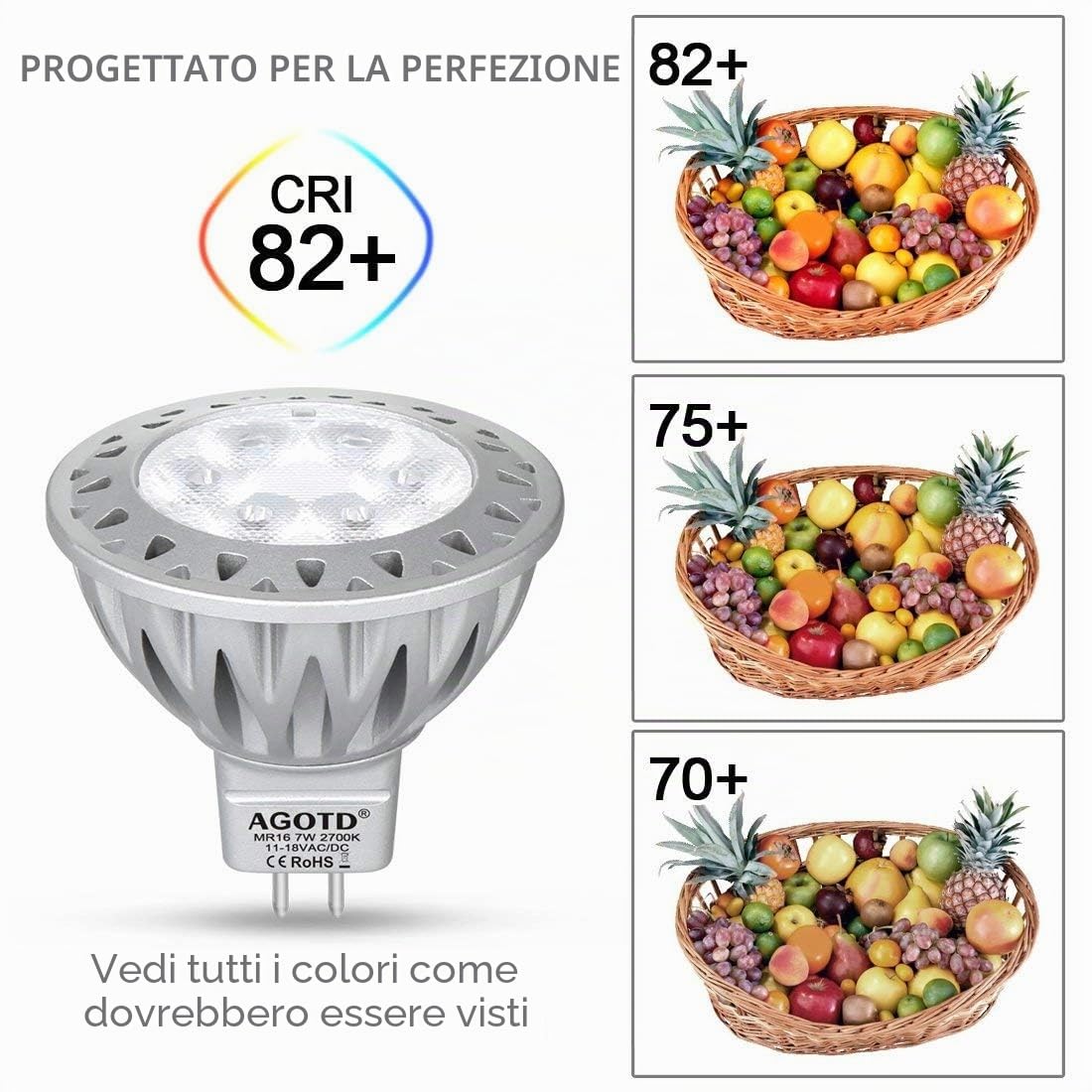 AGOTD Lampadina LED GU5.3 MR16, 7 W, 2700 K, luce bianca calda, sostituisce faretto alogeno da 50 Watt, angolo di diffusione 38°, 12 V AC/DC, confezione da 6, BL-MR16YF6K-7W