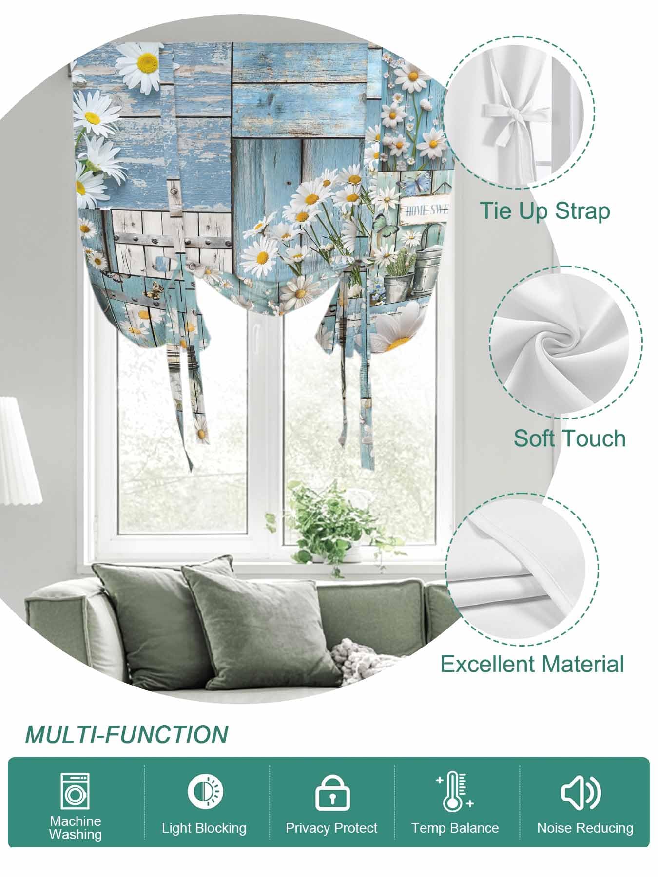 Tie Up Curtains for Windows Farmhouse Daisies Roman Shade 52 x 63 Inch Bathroom Curtains Window Summer Spring Botanical Wooden Grain Rod Pocket Short Balloon Curtains for Living Room Kitchen Blinds