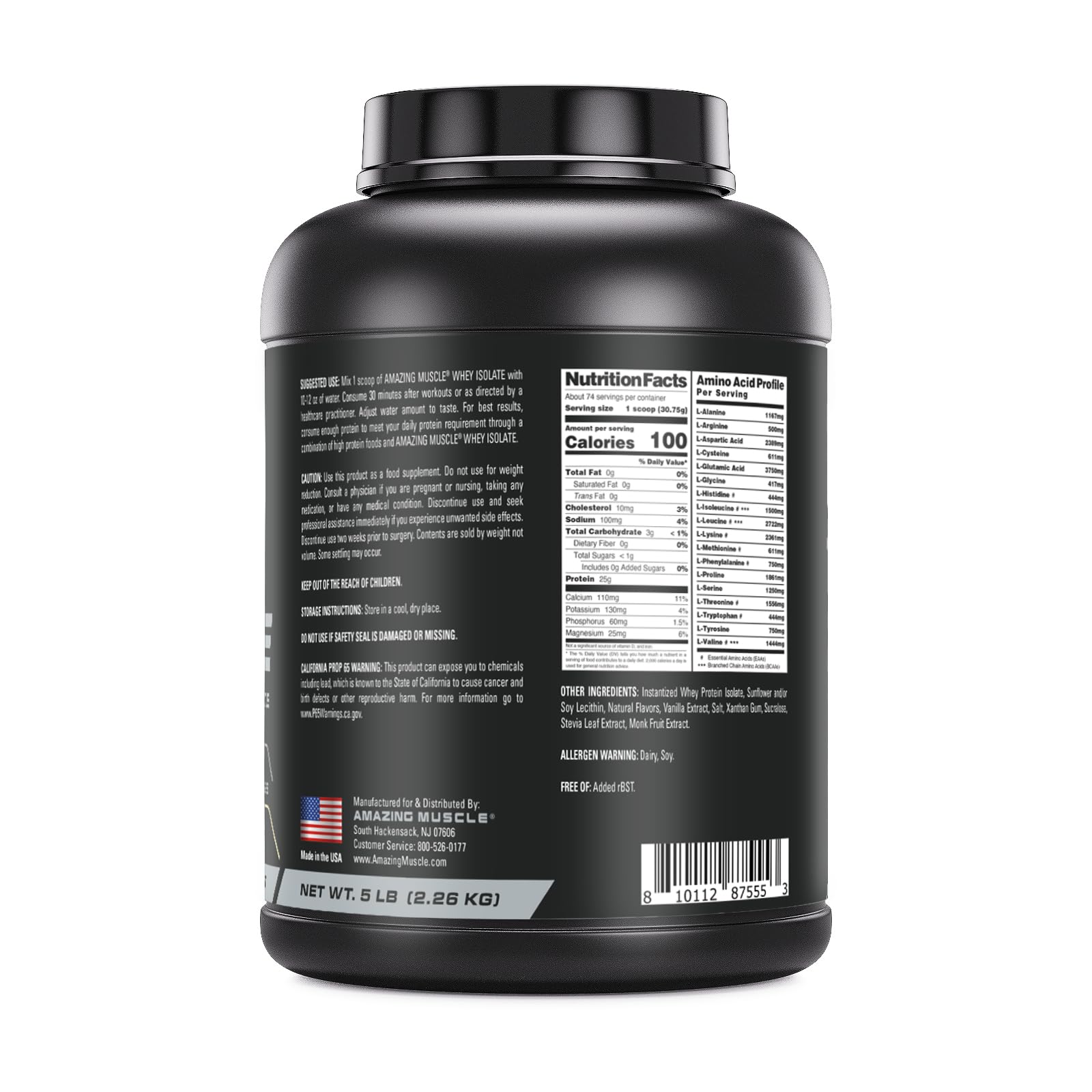 Amazing Muscle Whey Protein Isolate Powder | 25 Grams Protein Per Serving | 100% Whey Isolate | Zero Fat | Made in USA (5 Lb, Vanilla)