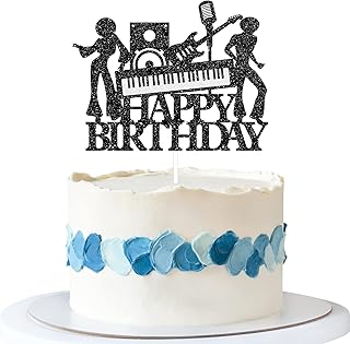 Talorine Disco Happy Birthday Cake Topper, Music Theme Birthday Party Decoration for Boys Girls, Hip Pop Party, Musician Birthday Party Supplies Black Glitter