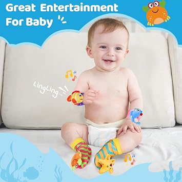 Baby Sensory Toys-Foot Finders Wrist Rattles for Infants | Newborn Essentials Baby Socks Baby Gifts for 0 3 6 9 Months Marine Life