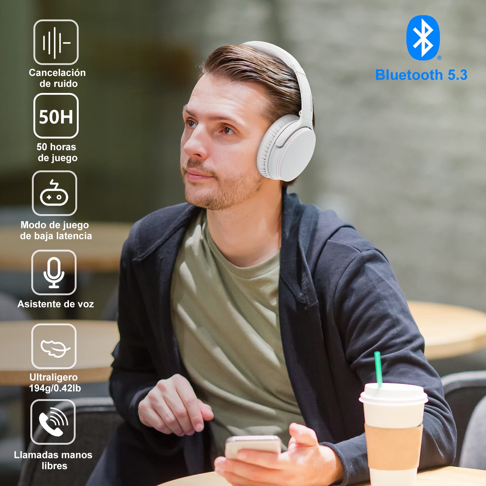 Srhythm NC25 Auriculares Estéreo con Cancelación Activa de Ruido (ANC), Bluetooth 5.3, Circumaurales, con Alta Fidelidad, Micrófono, 50H, Asistente de Voz, Modo Juego de Baja Latencia