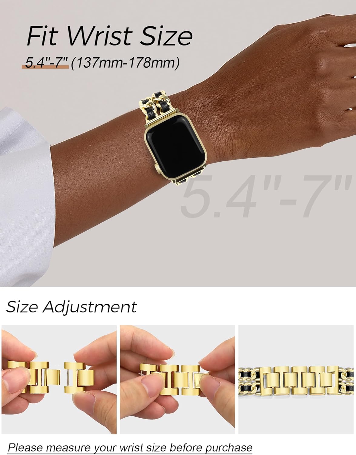 JR.DM Gold Watch Bands for Women Compatible with Apple Watch Band Leather 42mm(S3/2/1) 44/45/46/49mm Adjustable Metal Bracelet for iWatch Series1/2/3/4/5/6/7/8/9/10/11 SE 3/2/1 Ultra1/2/3 (No Case) - Image 5