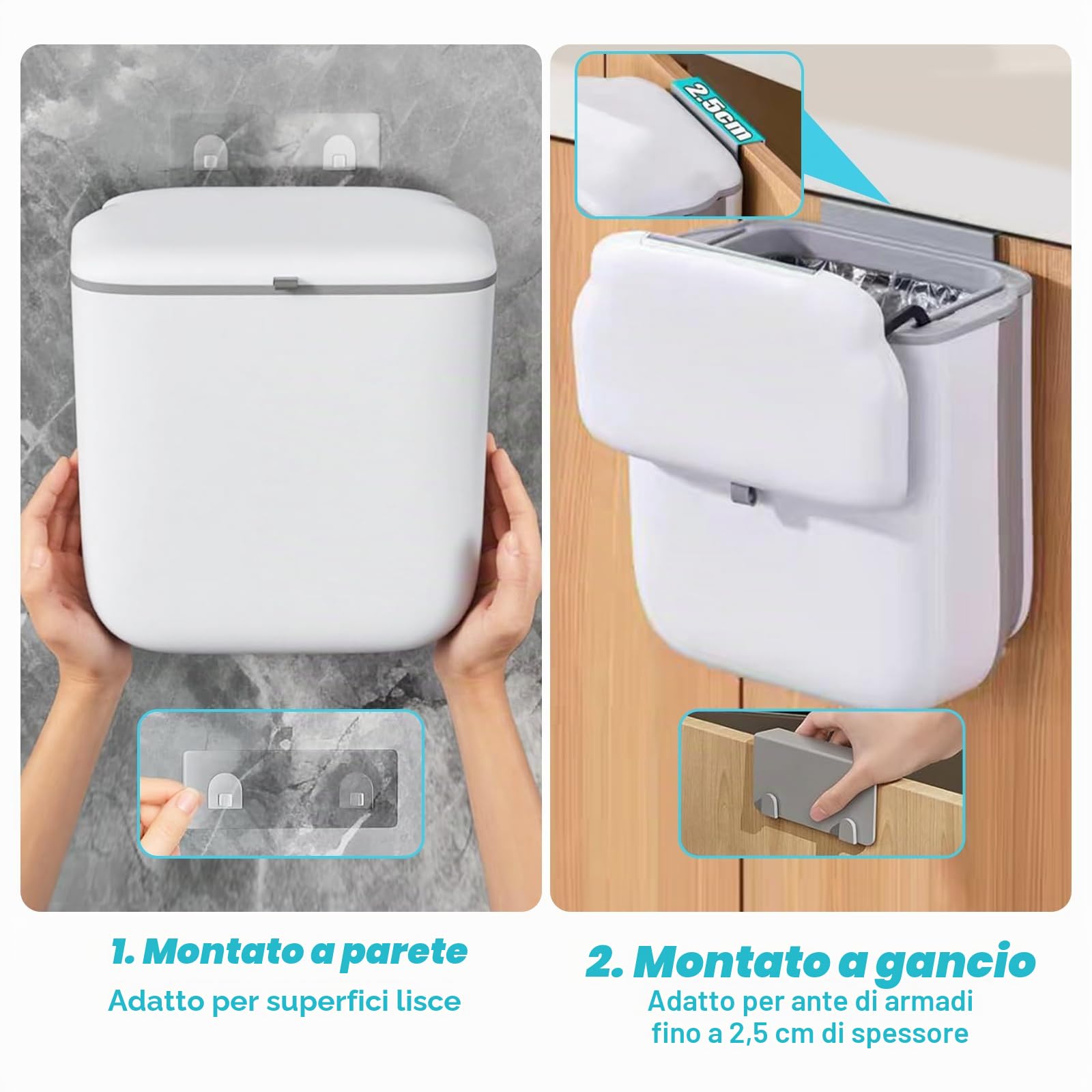 Pattumiera Cucina da Appendere, Pieghevole Secchio Spazzatura Sottolavello Impermeabile 10L con Coperchio, PP+TPA, Pattumiera Estraibile Sottolavello per Cucina Bagno Campeggio Auto Ufficio