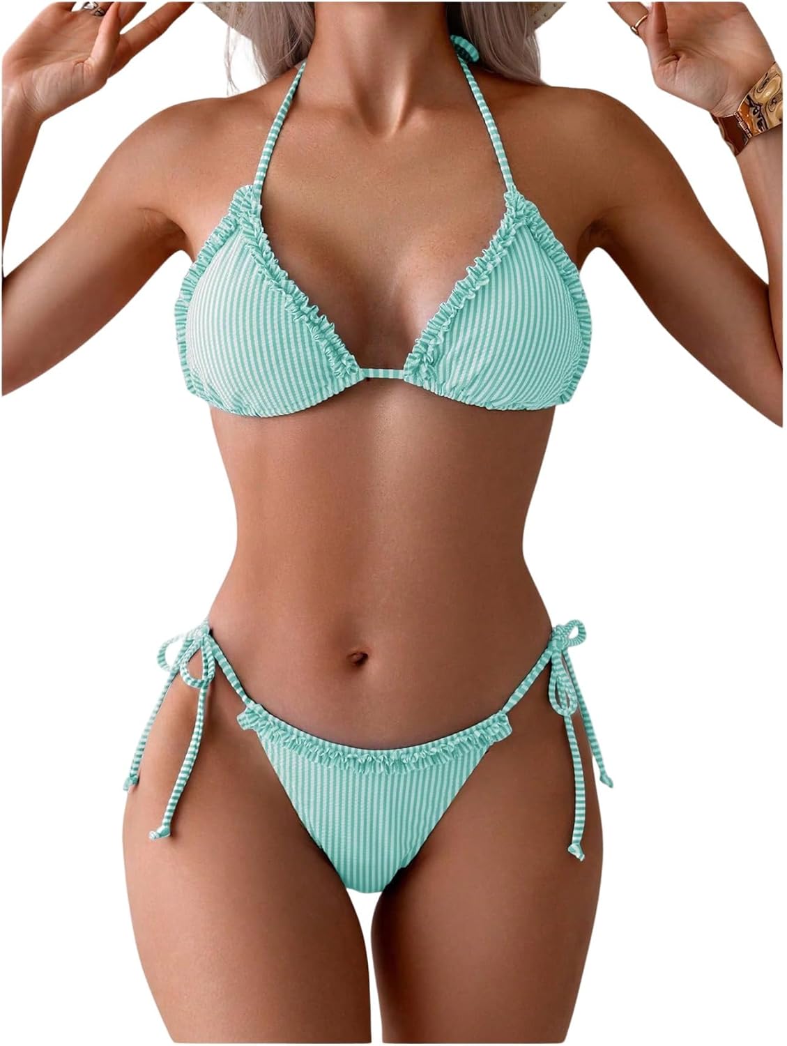 Verdusa Women's 2 Piece Striped Halter String Cute Bikini Sets Swim Suits Cheeky Triangle Bathing Suit