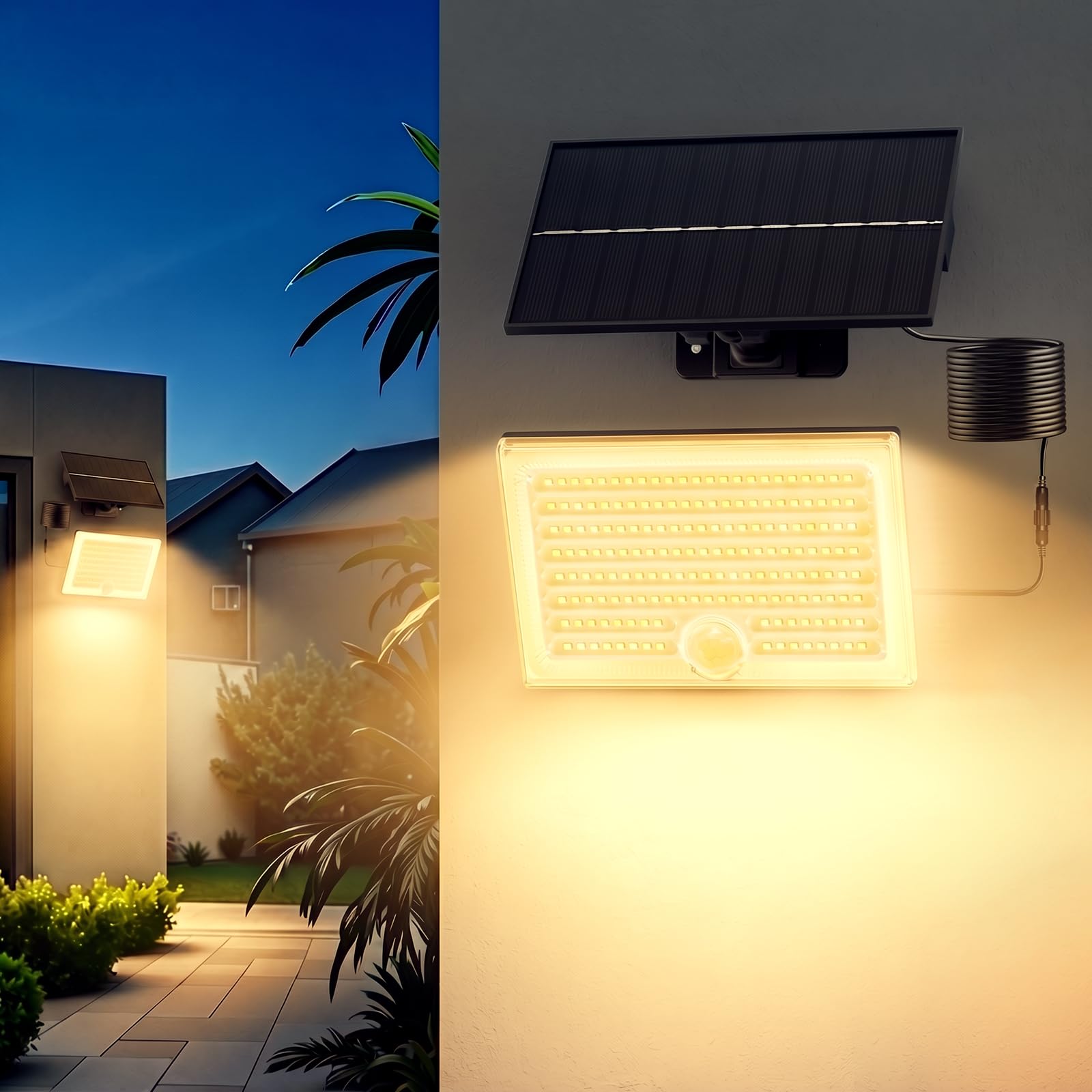 Realky Solarlampen für Außen mit Bewegungsmelder, IP65 Wasserdichte Solar Strahler mit 5m Kabel für Garage, Garten, Hof, Stufen, Haustüren-1 STÜCK Warmweiß