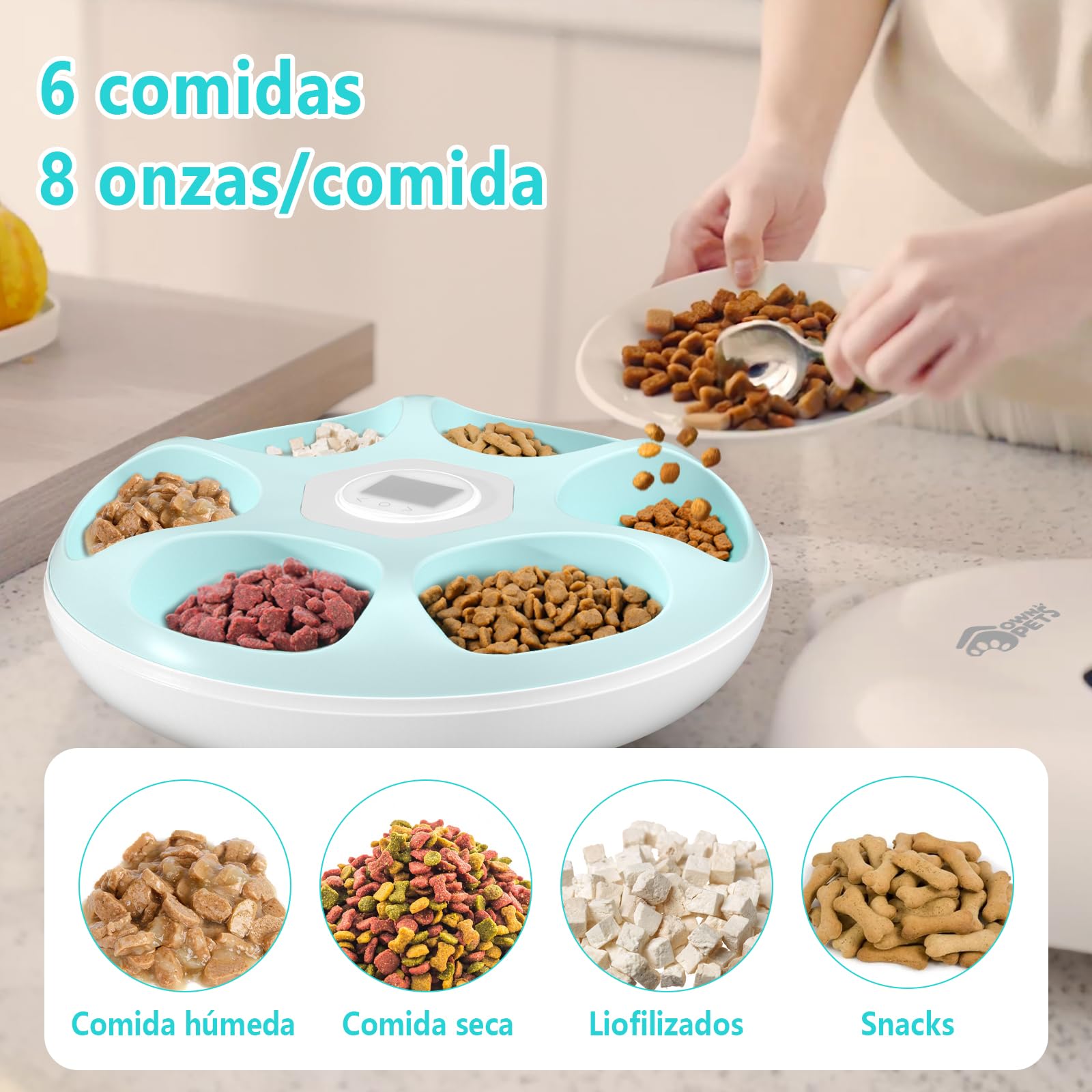 Ownpets Comedero Automático para Gatos y Perros, Dos Paquetes de Hielo para Mantener Comida Fresca, Temporizador Programable, 6 Comidas, Alimentación USB, para Comida Seca y Húmeda, Blanco