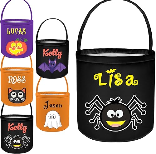 Cubos de Halloween personalizados con nombre de Halloween, cesta de calabaza y gato, bolsas de dulces para regalos de decoración de fiestas