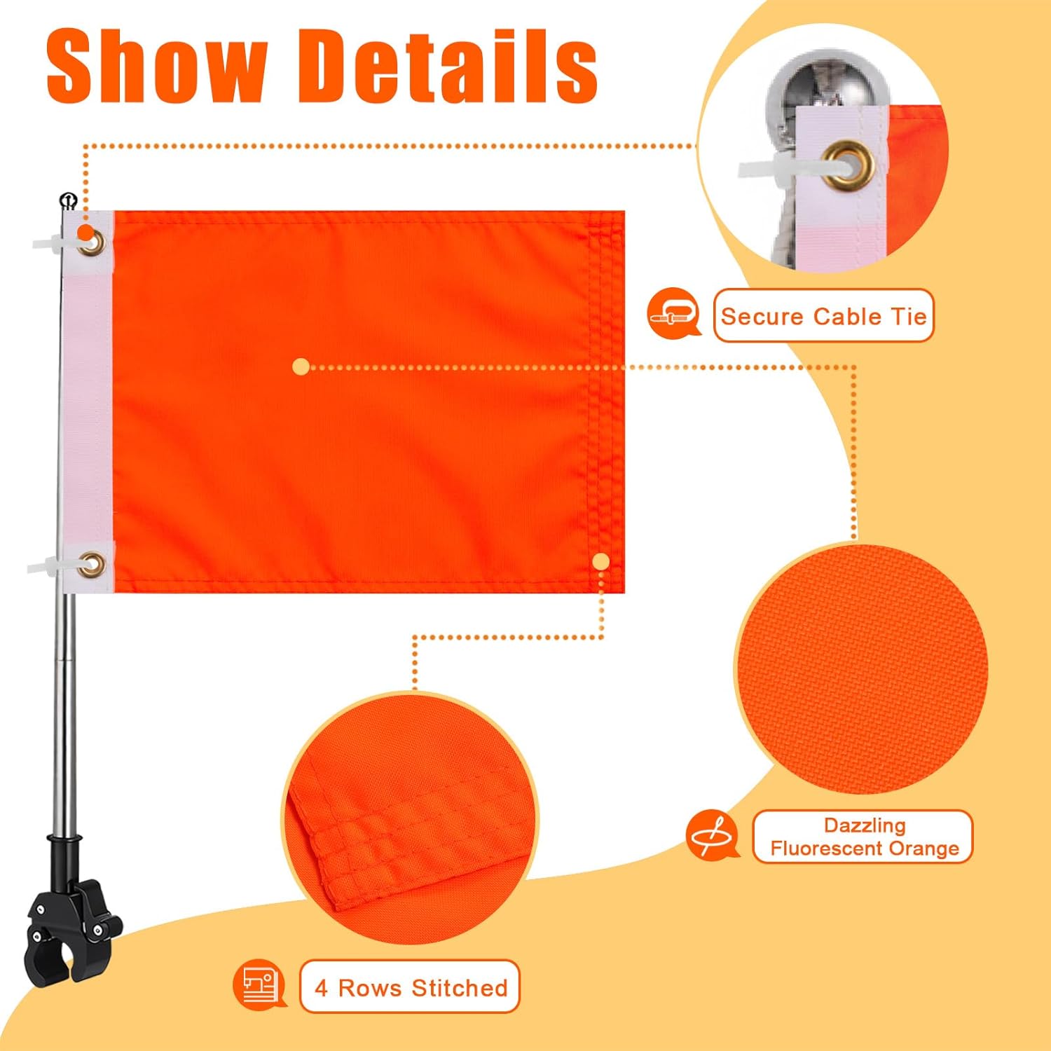 Orange Boat Flag for Safety with 49'' Adjustable Holder Pole Water Ski Flags 12x18 inch Skier Down Flag for Boating Bike Kayak Motorcycle Pontoon ATV